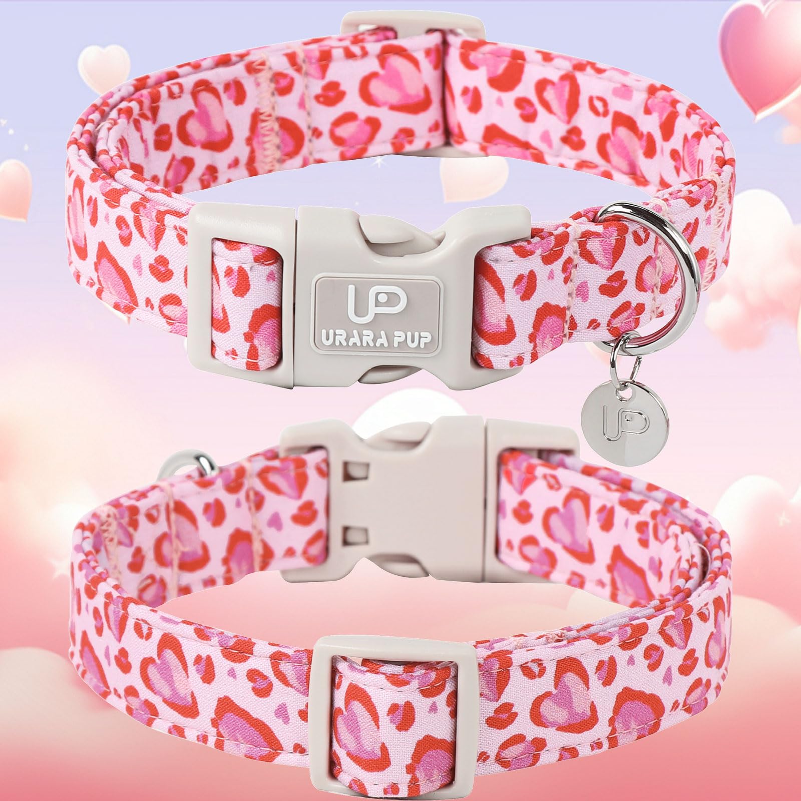 Up Urara Pup Valentines Dog Collar, Pink Heart Dog Collar With Quick Release, Valentines Gift Pet Collar For Puppy Girl Boy Dogs