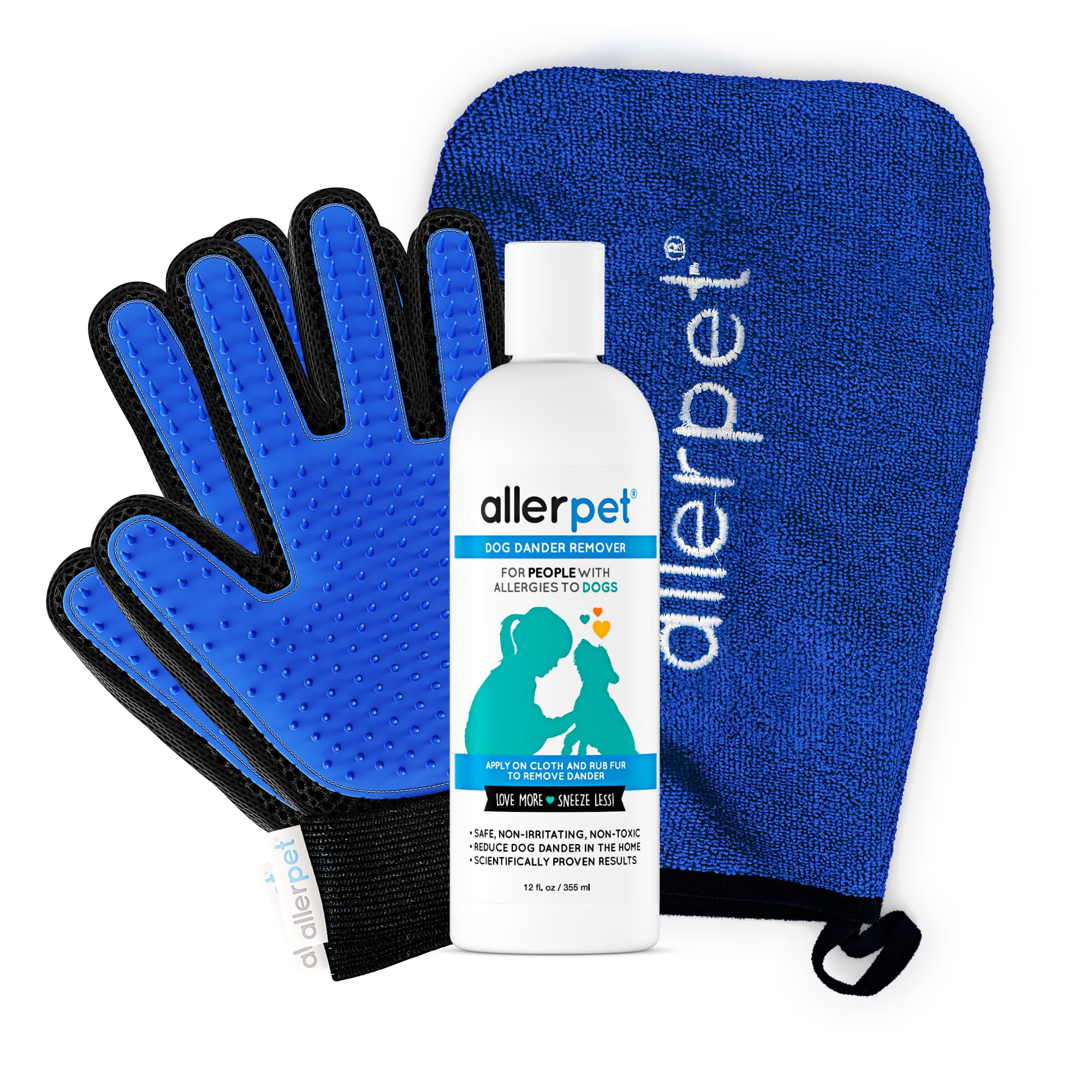 Allerpet Dog Dander Remover W/Free Pair Of Grooming Gloves - Best Pet Dander Remover For Allergens - For Canine Dry Skin Treatment - Good For Fur & Skin - (12Oz)