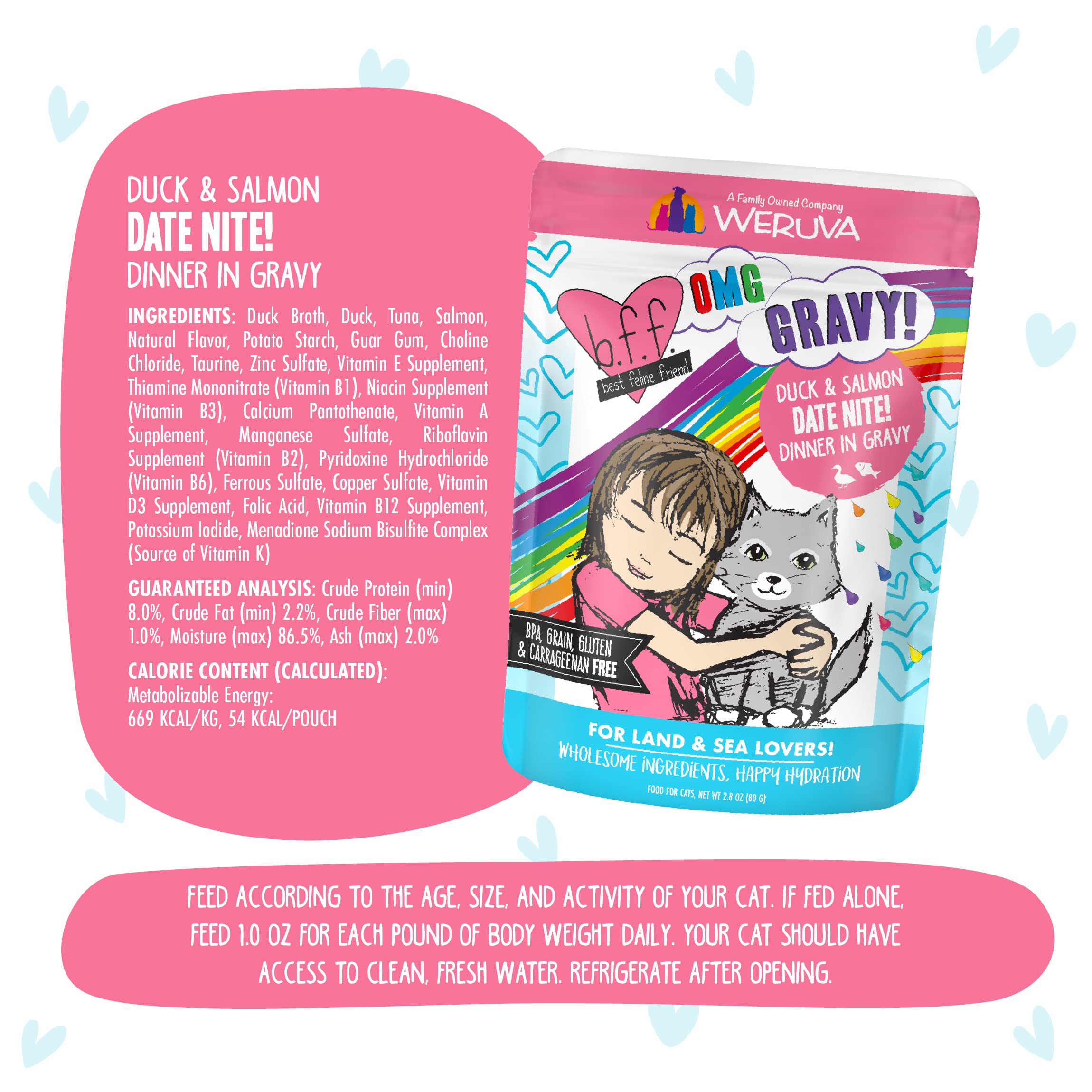 Weruva B.F.F. OMG - Best Feline Friend Oh My Gravy!, Date Nite! with Duck & Salmon in Gravy Cat Food, 2.8oz Pouch (Pack of 12)