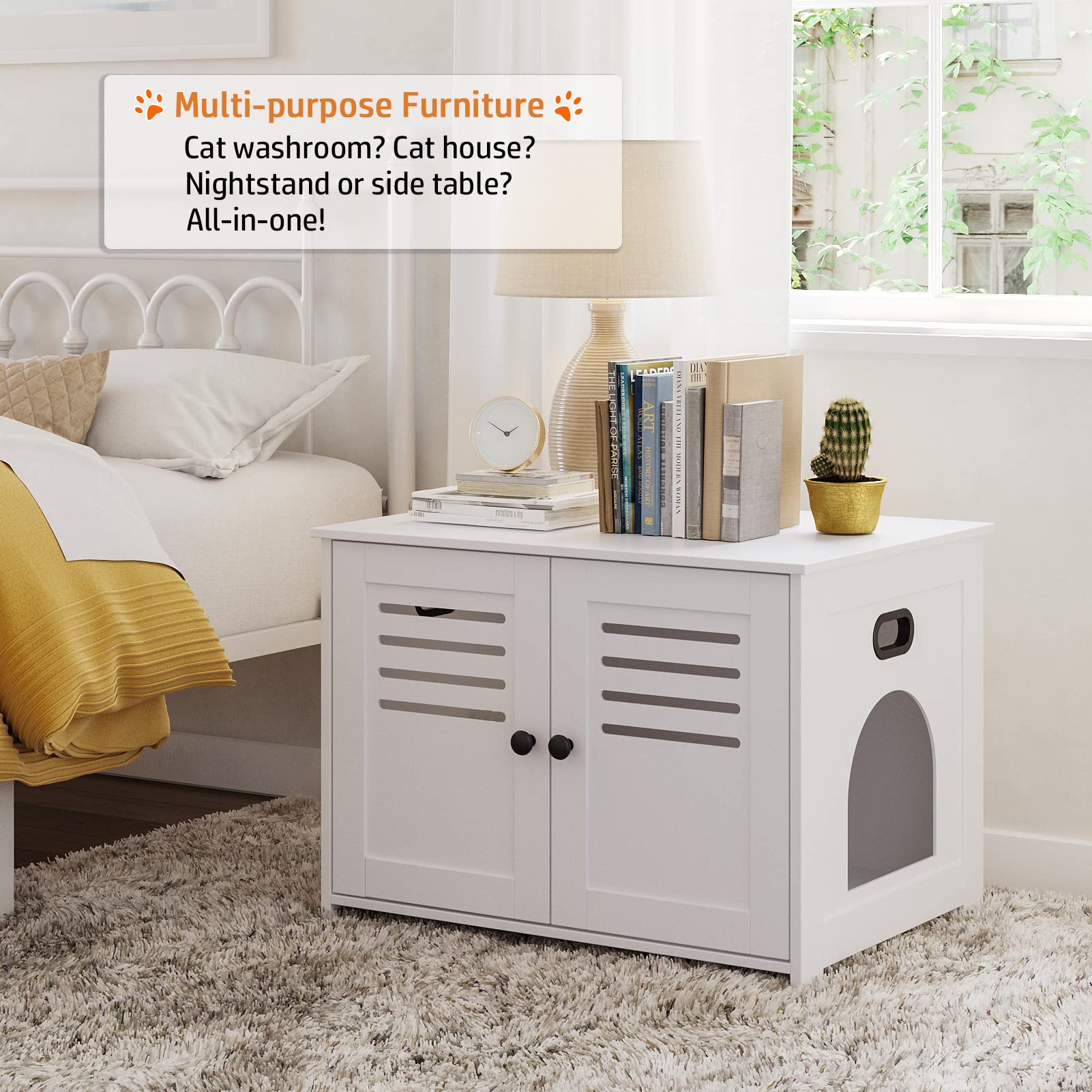 Dinzi Lvj Litter Box Enclosure, Cat Litter House With Louvered Doors, Entrance Can Be On Left Or Right, Large Hidden Cat Washroom For Most Of Litter Box, Cat Furniture Cabinet, White