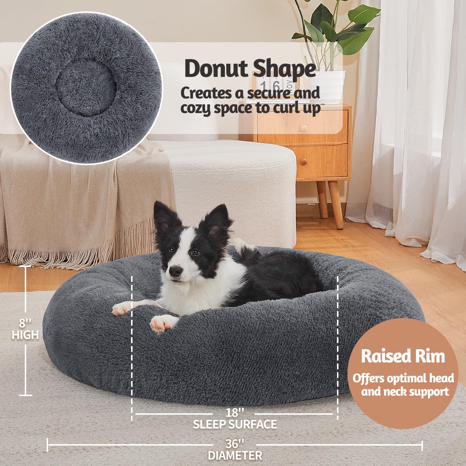 Ohgeni Calming Donut Dog Bed Pillow For Large Pets, Machine Washable Removable Cover, Comfort Plush Fluffy Faux Fur With Anti-Slip Bottom, Cats-Friendly Round Cuddly Design, Gray, 36 Inches