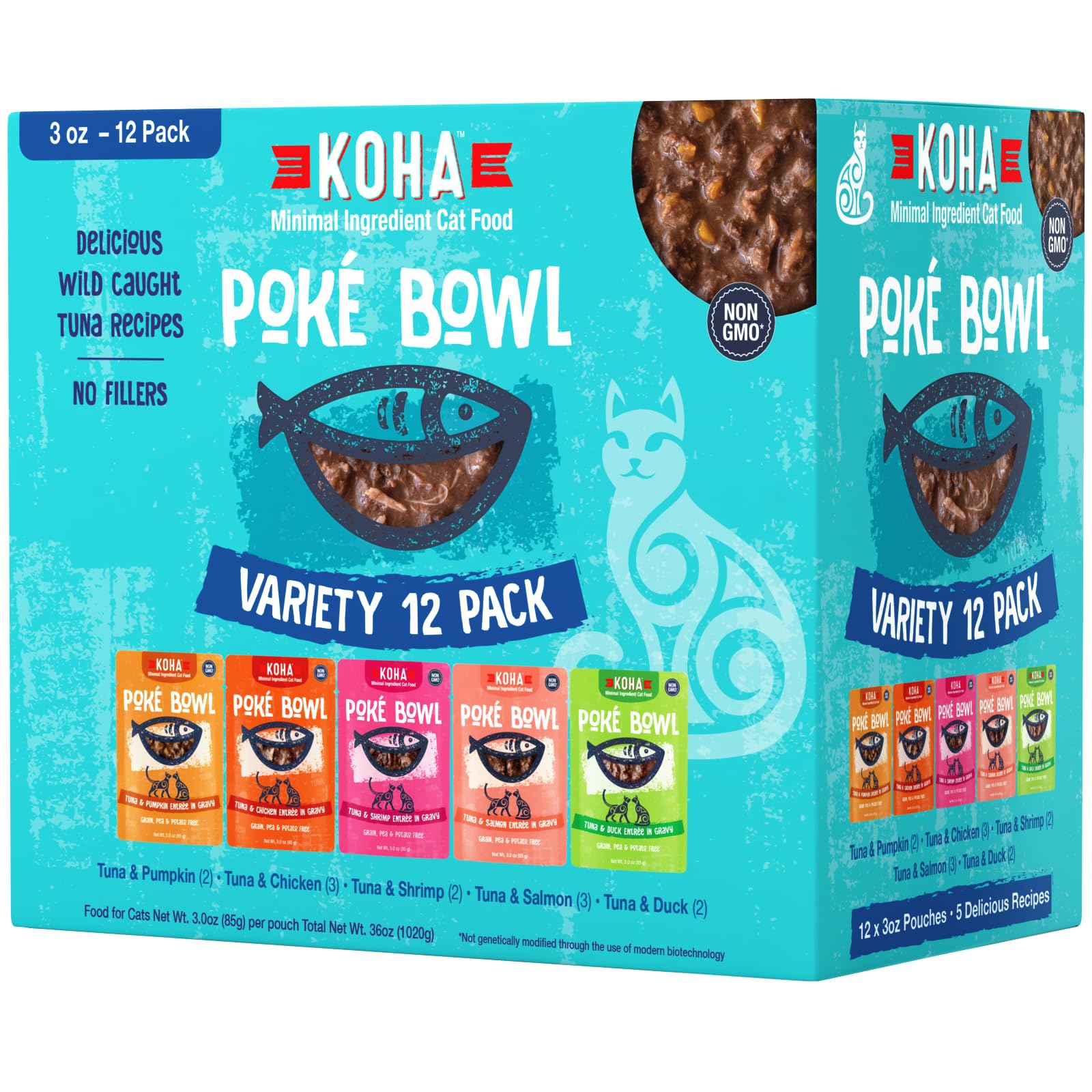 KOHA Pet Food Pok   Bowl Cat Variety Pack, Wet Cat Food in Gravy - 5 Flavors - Tuna Combinations of Salmon, Chicken, Duck, Shrim