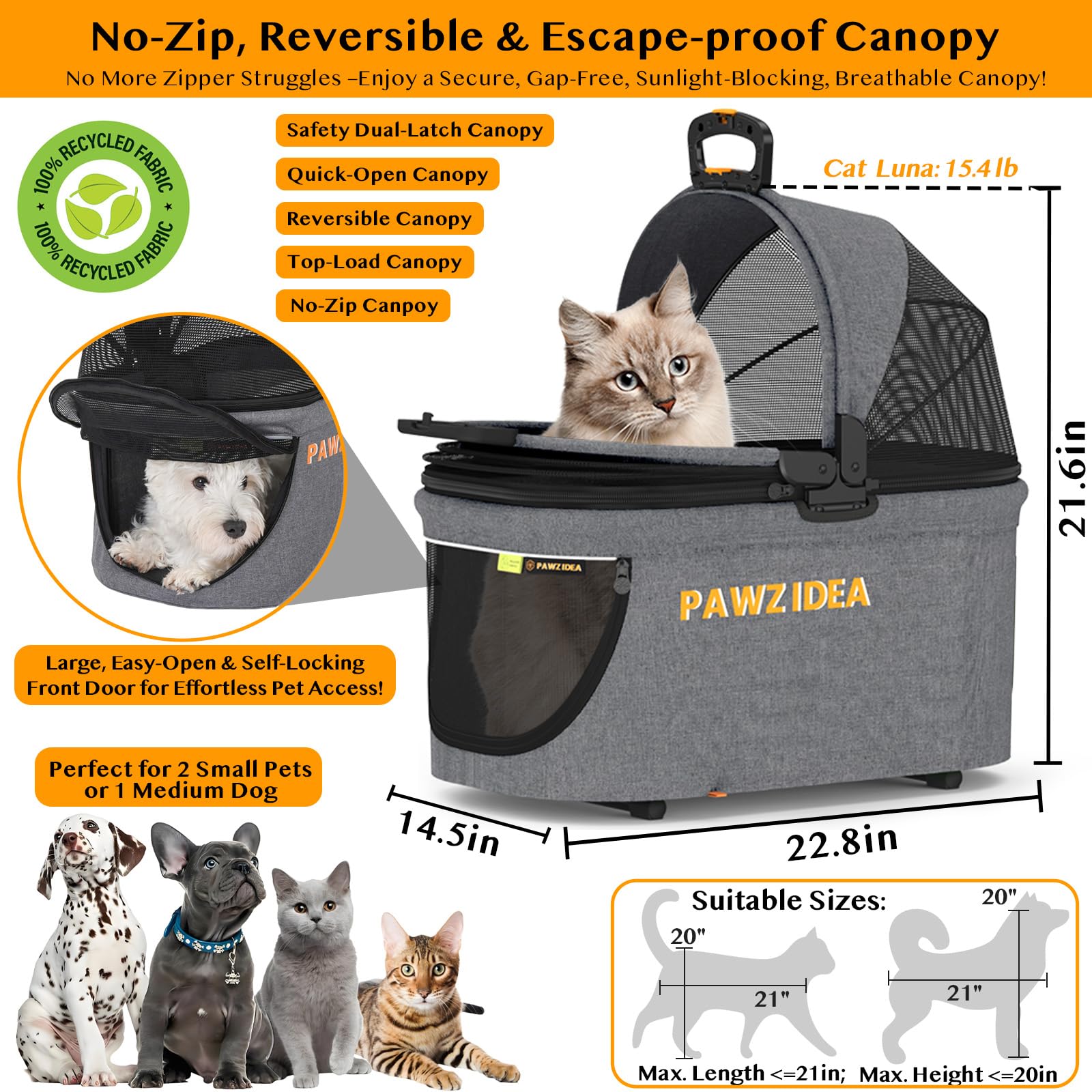 Pawzidea Pet Stroller 4 In 1, Dog Strollers For Small/Medium Dogs With Detachable Carrier Easy Lock Canopy, Seatbelt Puppy Car S