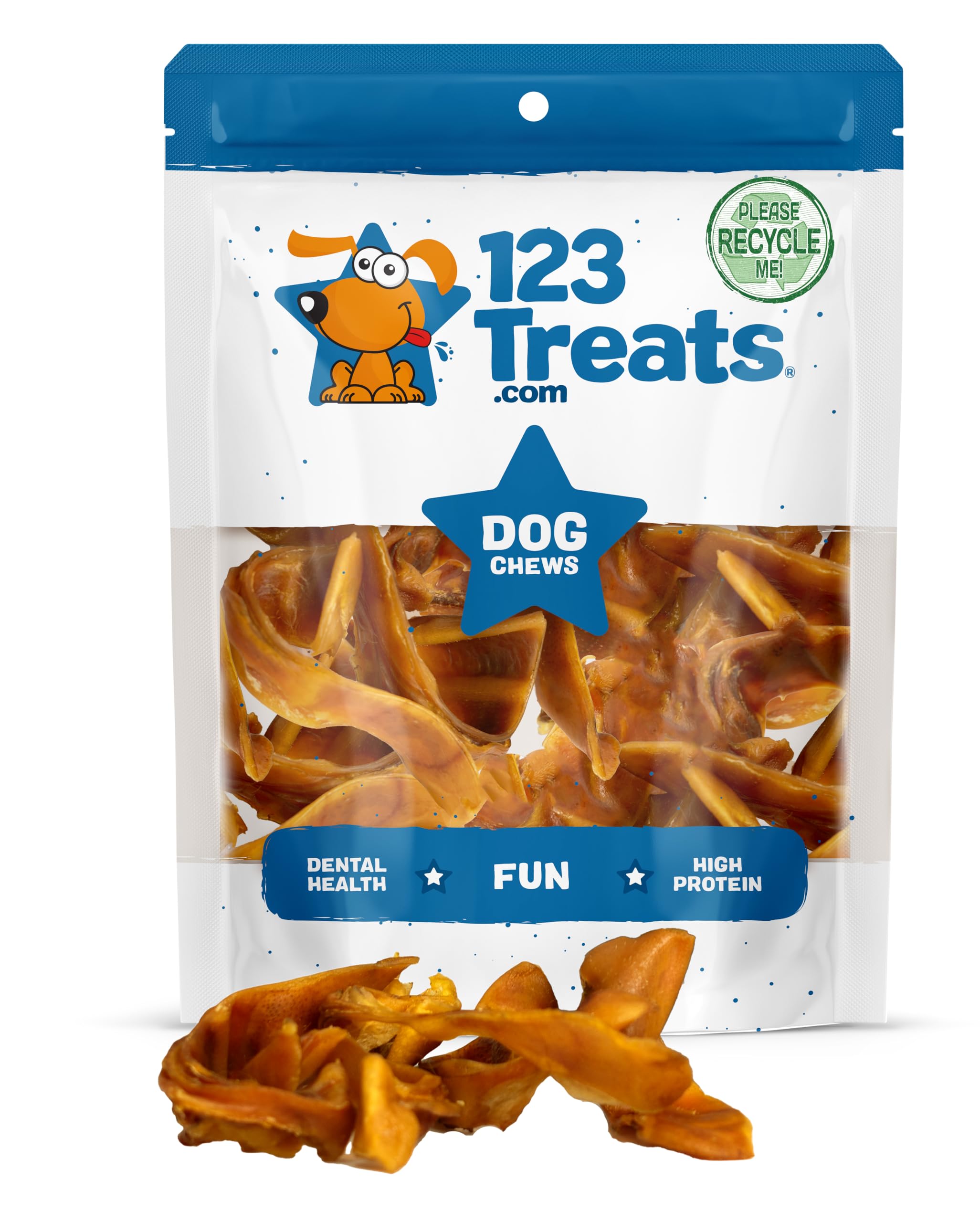 123 Treats Pig Ears Strips for Dogs - (16 Ounce) 100% Natural, Long Lasting & Highly Digestible Chew Treats, Single Ingredient, 