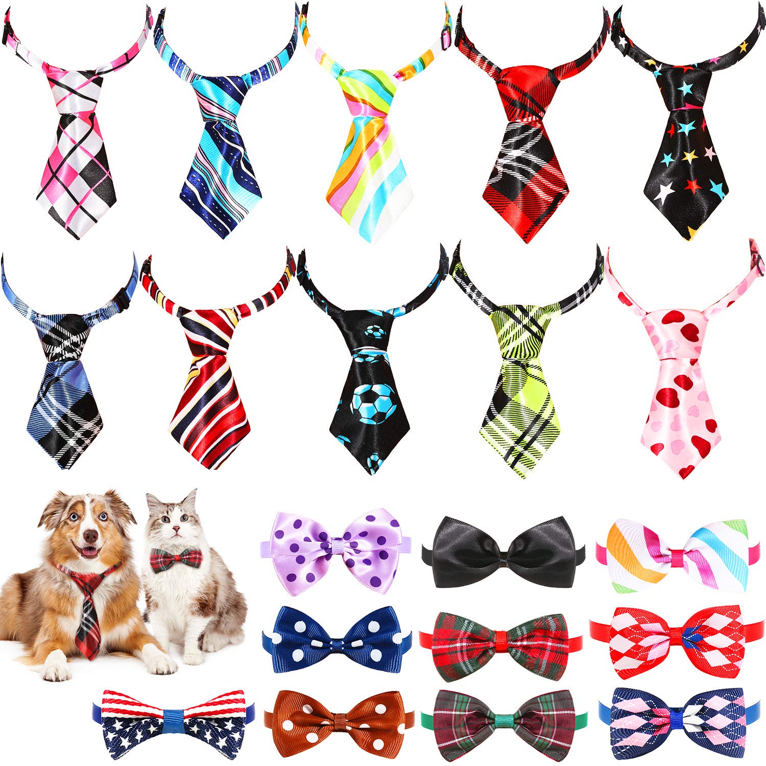 Frienda 20 Pieces Dog Ties Assorted Small Pet Bow Ties Festival Neckties with Adjustable Collar for Dog Cat Grooming Accessories