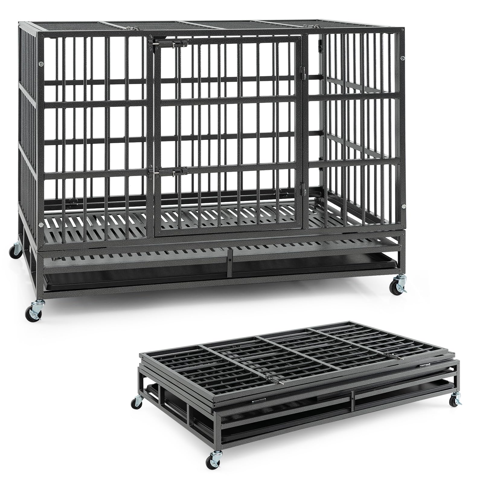 PETSITE 48 Inch Foldable Metal Dog Crate, Heavy Duty Dog Cage with 2 Lockable Doors, Removable Tray, Lockable Universal Wheels, 