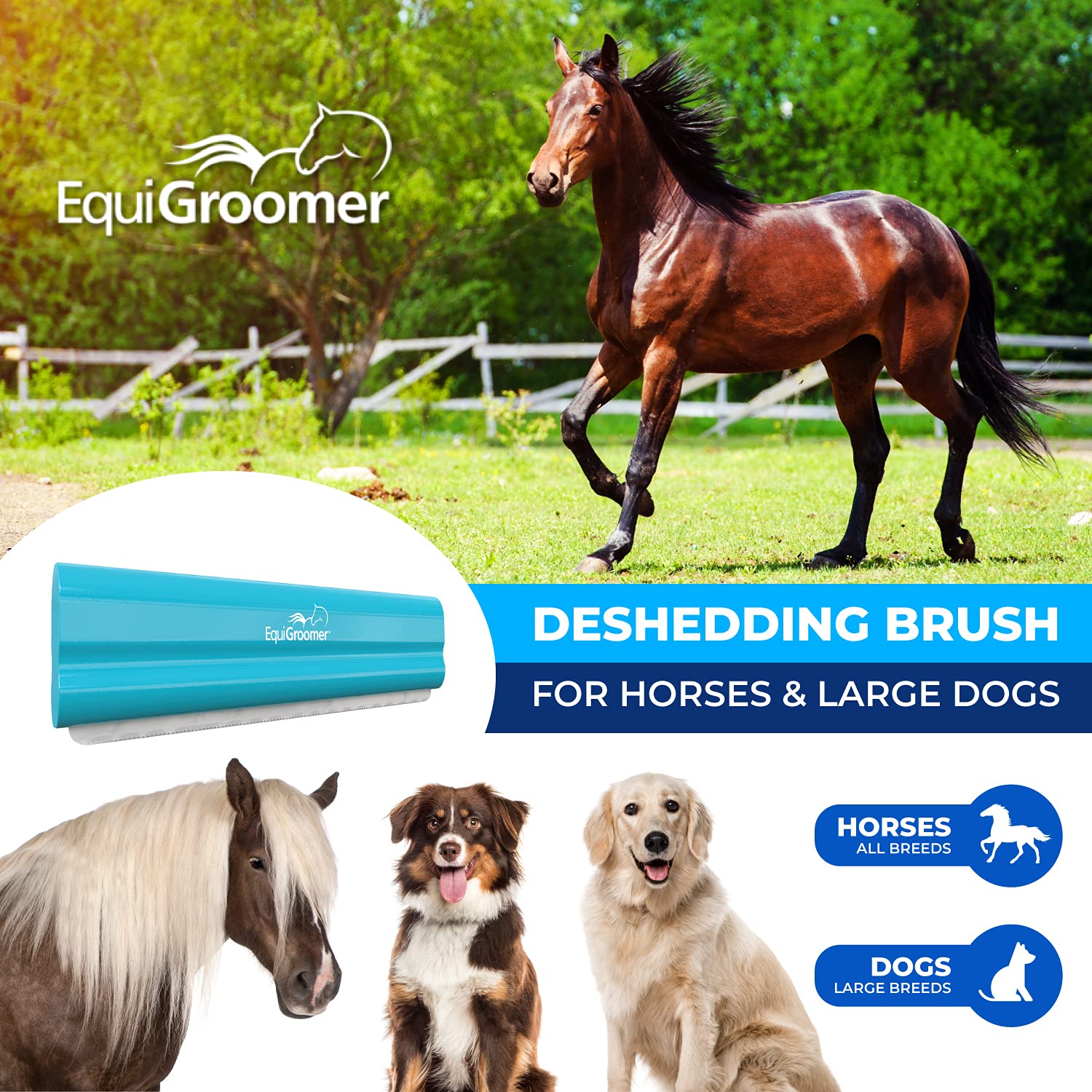 Equigroomer Deshedding Brush, 8-Inch For Horses And Large Pets, Turquoise, Removes Loose Dirt, Hair, And Fur, Professional Under