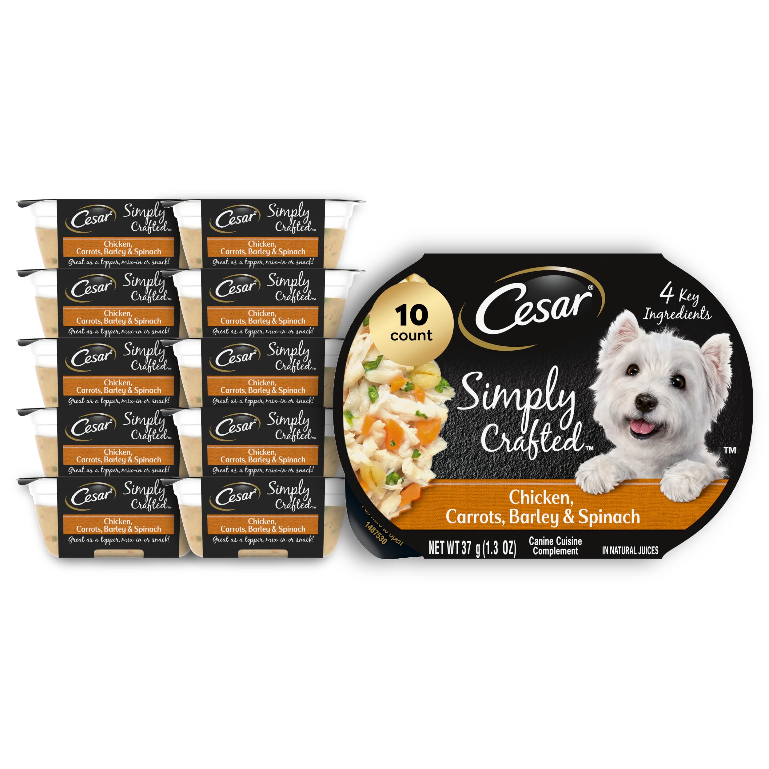 Cesar Simply Crafted Adult Wet Dog Food Meal Topper, Chicken, Carrots, Barley & Spinach, 1.3oz. (10 Count, Pack of 1)