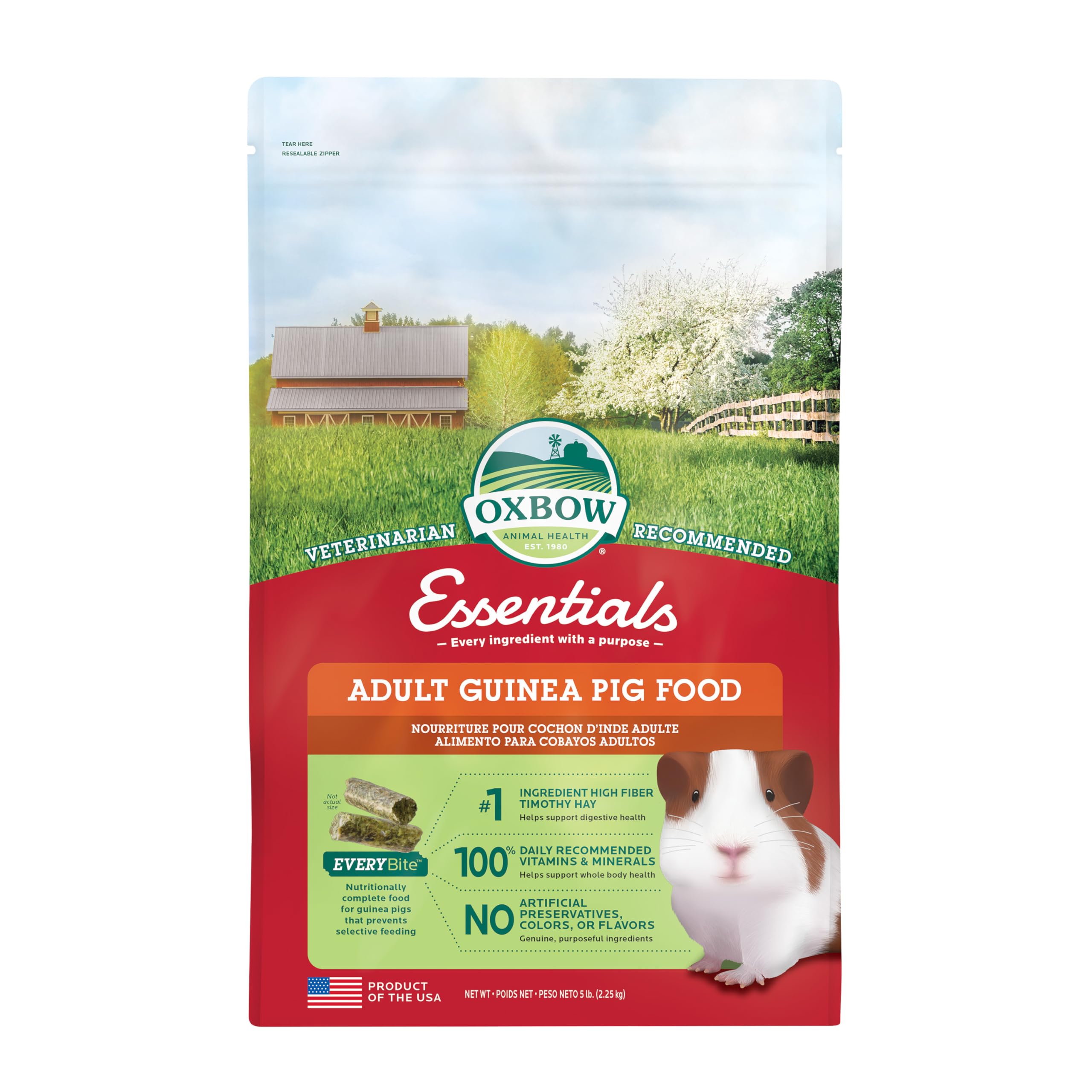 Oxbow Essentials Guinea Pig Food, Adult Guinea Pig, Made with Oxbow Timothy Hay, Pet Food Pellets with Vitamin C, Small Animal P