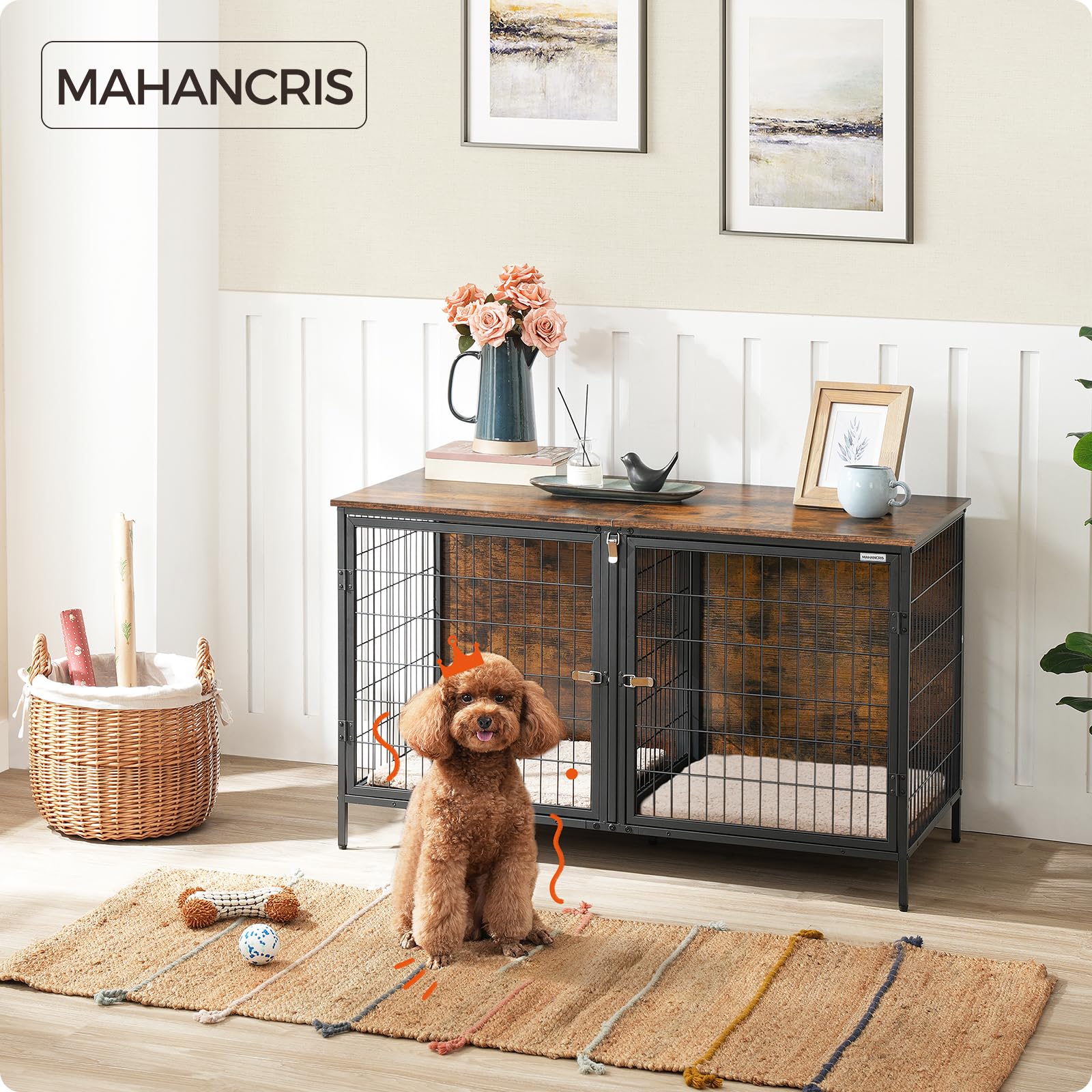 MAHANCRIS Dog Crate Furniture for 2 Dogs, 43.3 Dog Kennel with Removable Divider, Heavy Sturdy Dog Furniture Style Double Cage f
