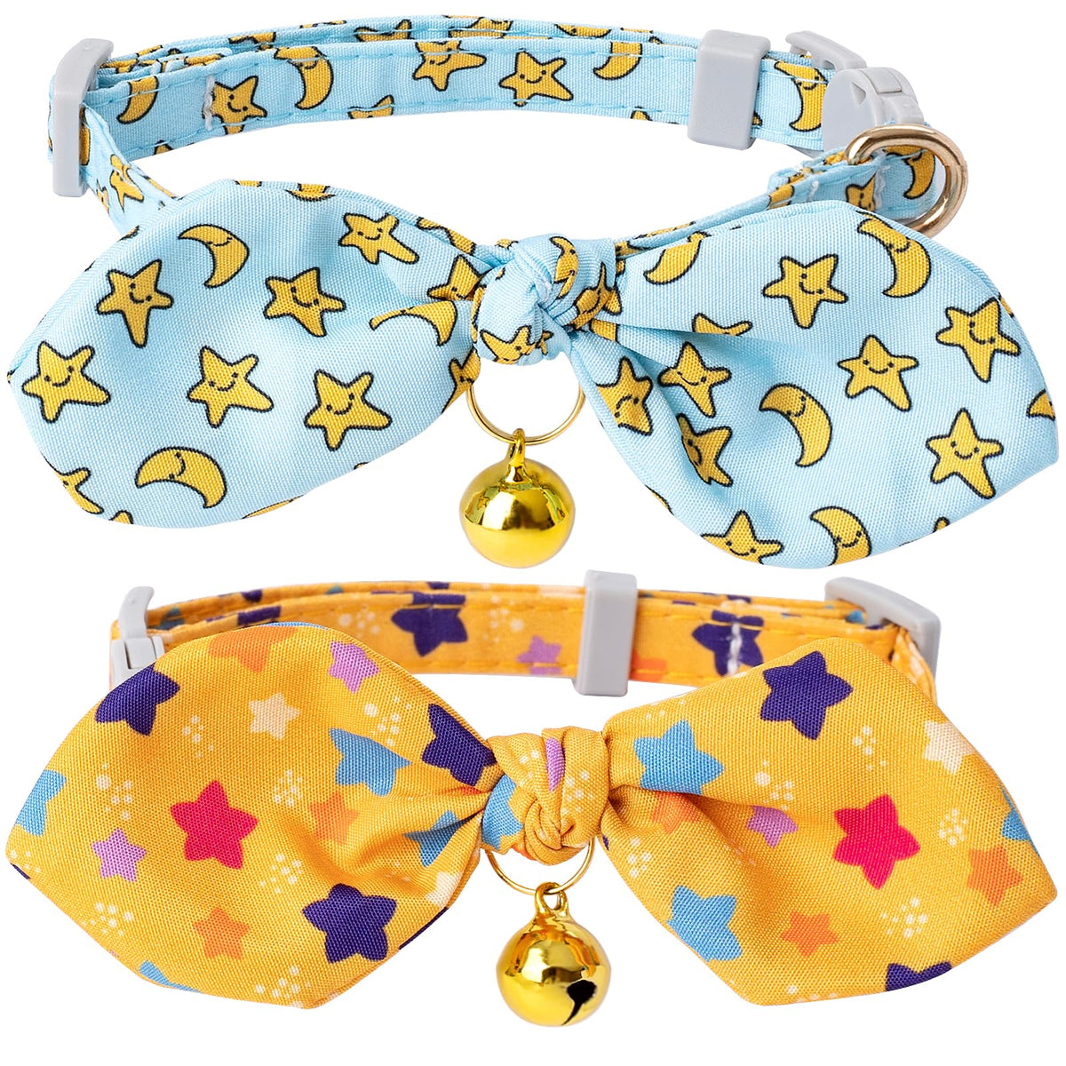 Faygarsle 2 Pack Breakaway Cute Cat Collars With Bell,Blue With Yellow Stars, Orange With Multicolor Stars