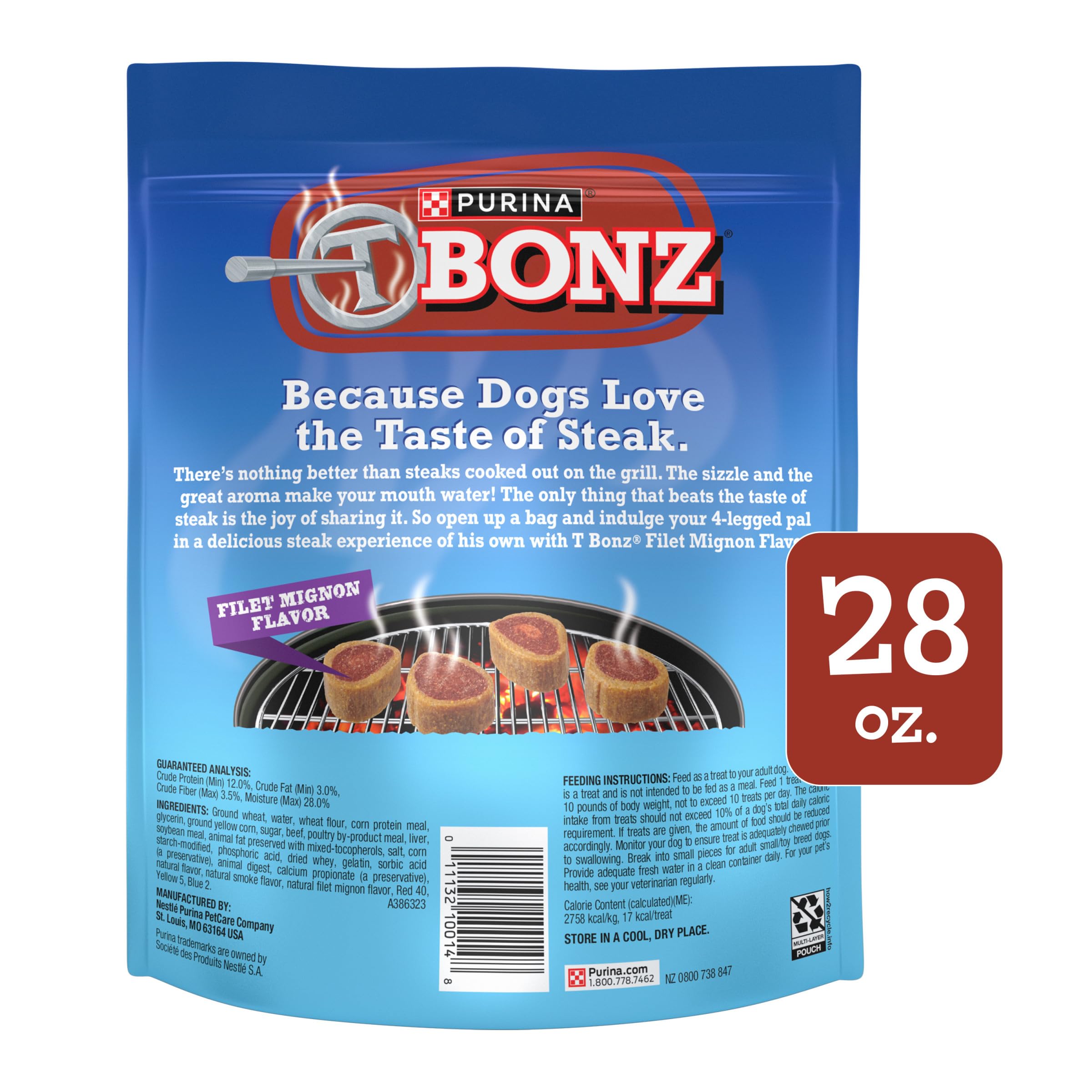 Purina T-Bonz Filet Mignon Flavor Steak Shaped Treats for Dogs - (Pack of 4) 28 oz. Pouches