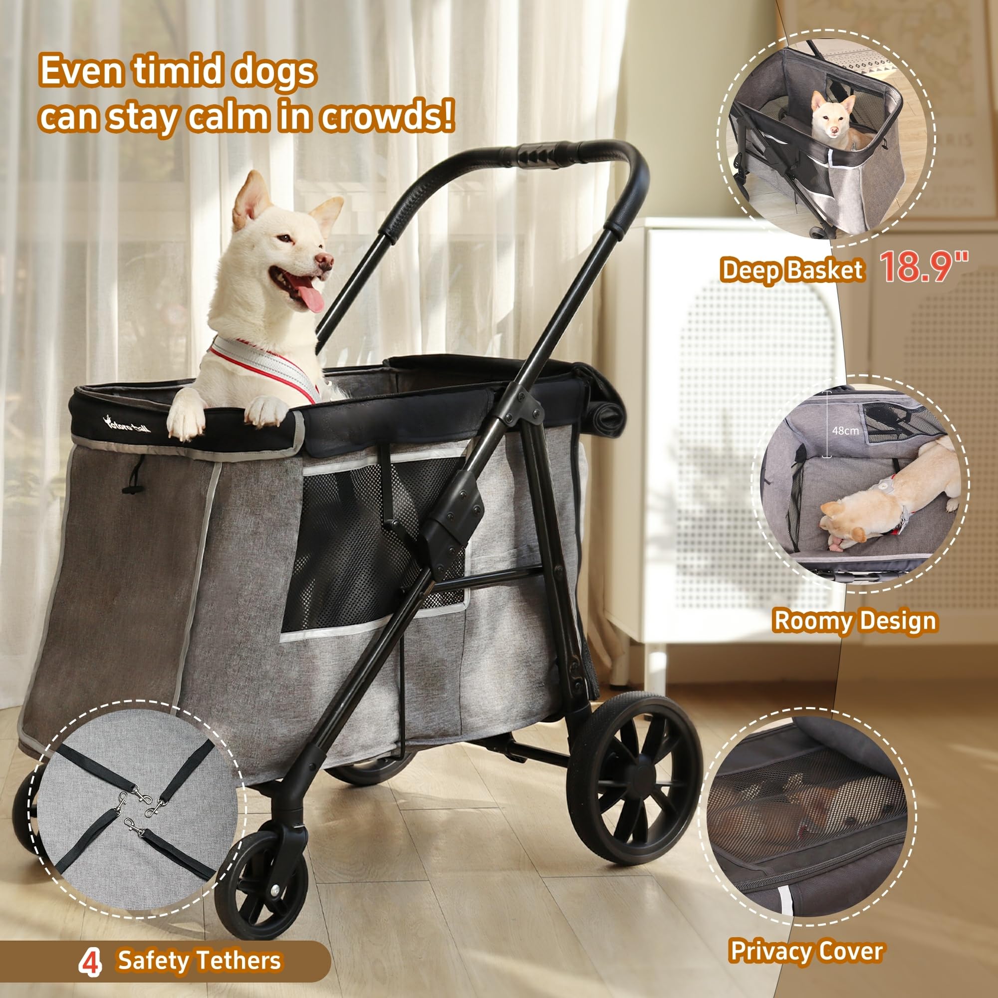 Totoro Ball Medium Dog Stroller For Small To Large Dogs 4 Wheels Multi Pet Stroller For 4 Dogs Holds Up To 66Lbs, One-Click Fold