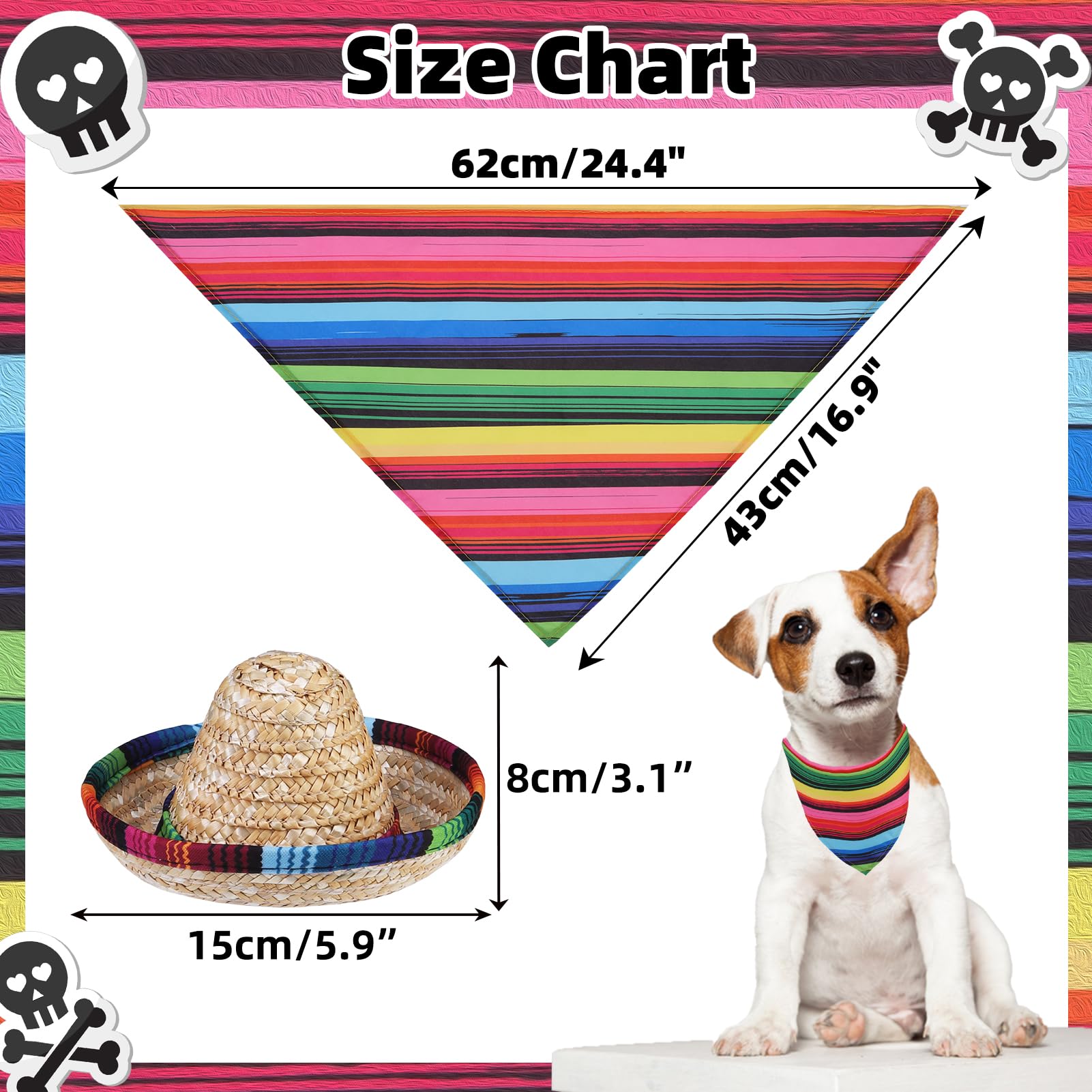 Pupteck Mexican Day Of The Dead Dog Bandana Outfit Scarf With Cute Doggy Sombrero Hat, Costume Decorations Supplies For Small Me