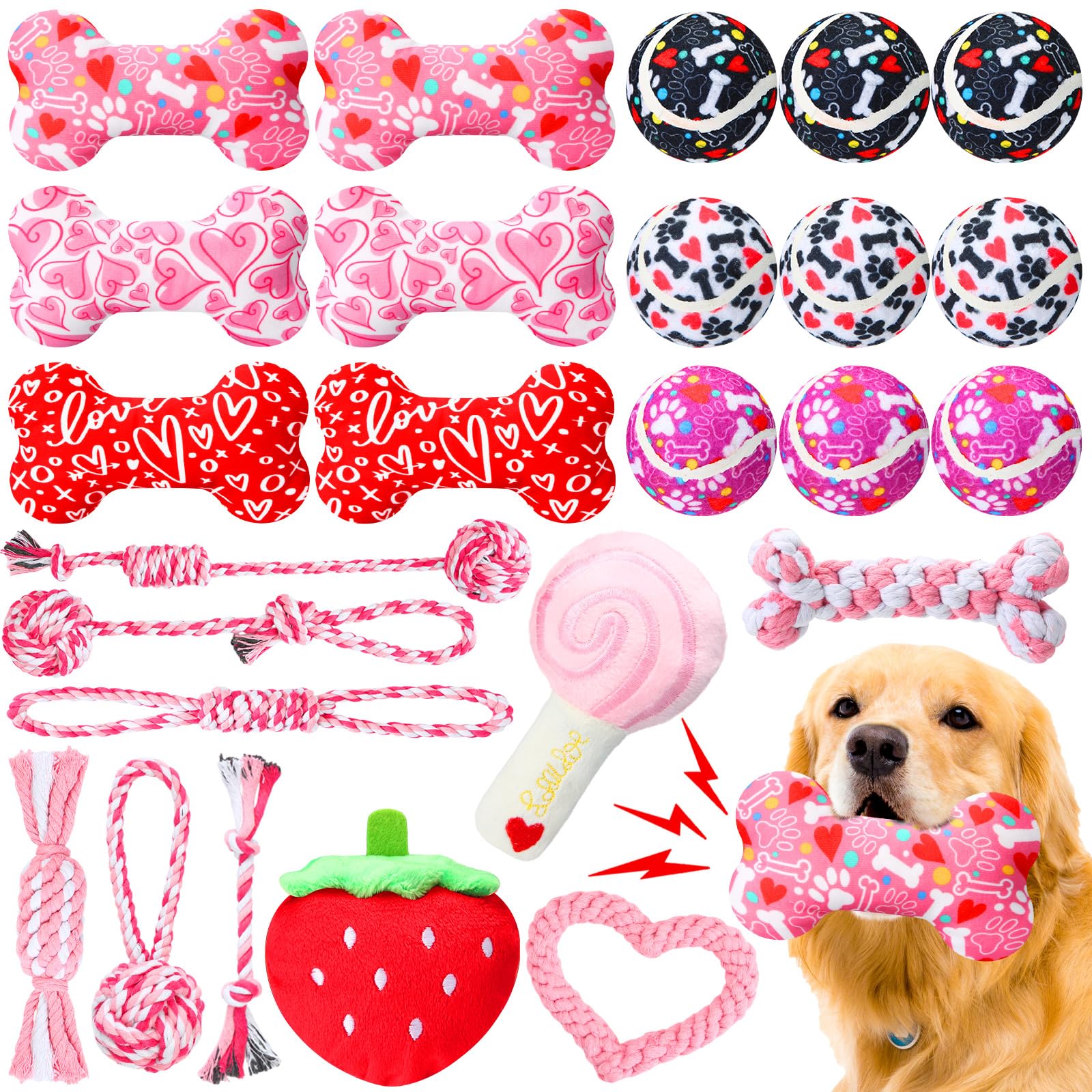Winnerwhy 25 Pcs Valentines Dog Toys Set Dog Tennis Balls Squeaky Bone Toys Dog Rope Toys Plush Dog Toys For Pet Puppy Dog Valen