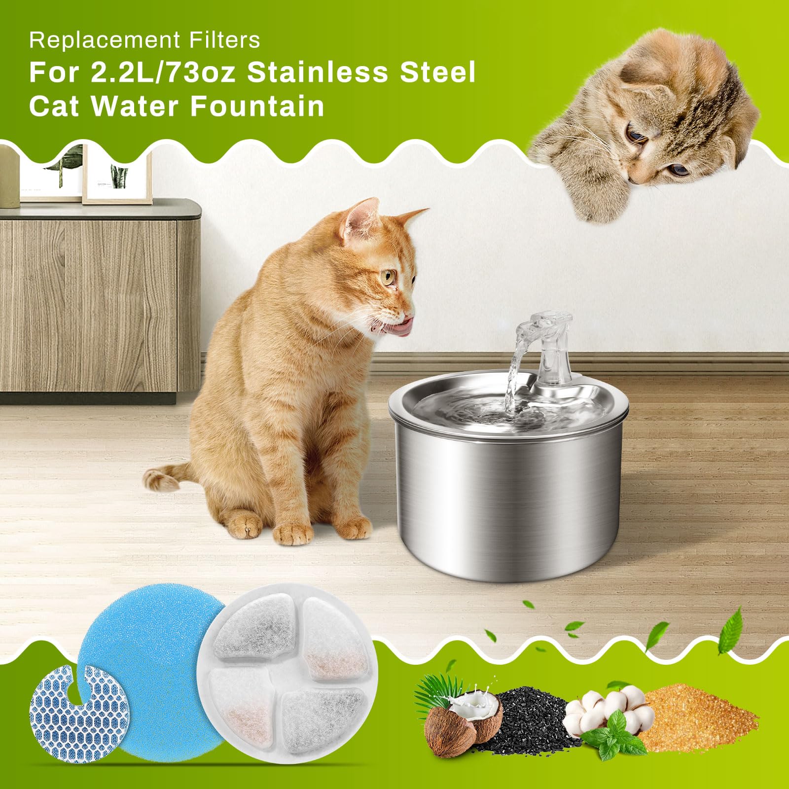 5 Set Cat Water Fountain Filter Replacement For Round 2L/67Oz Stainless Steel Cat Fountain, Zekiry Pet Fountain Filter, Triple F