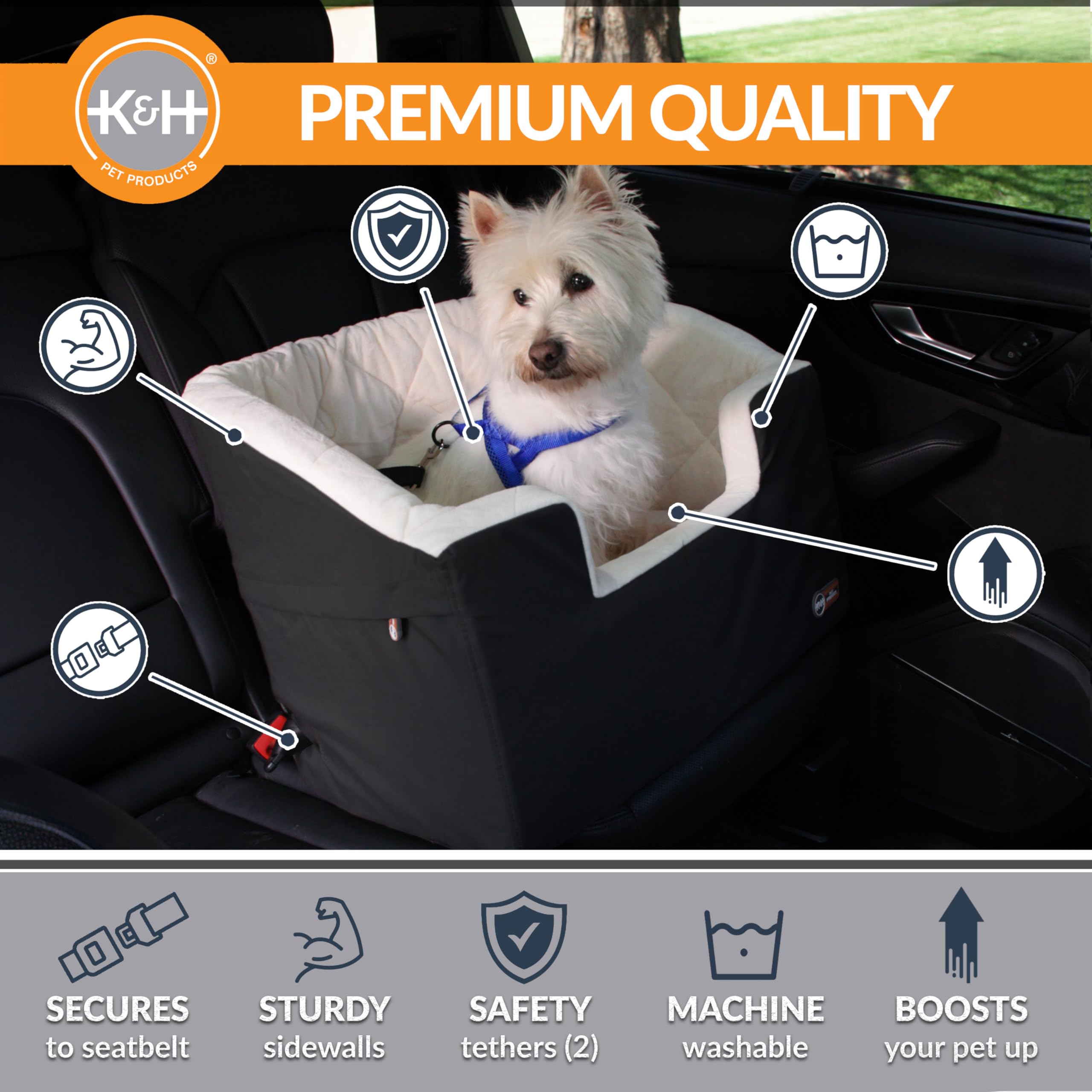 K&H Pet Products Bucket Booster Dog Car Seat, Belt Secured, 2 Safety Leashes, Washable Covers, Sturdy Booster for Small to Mediu