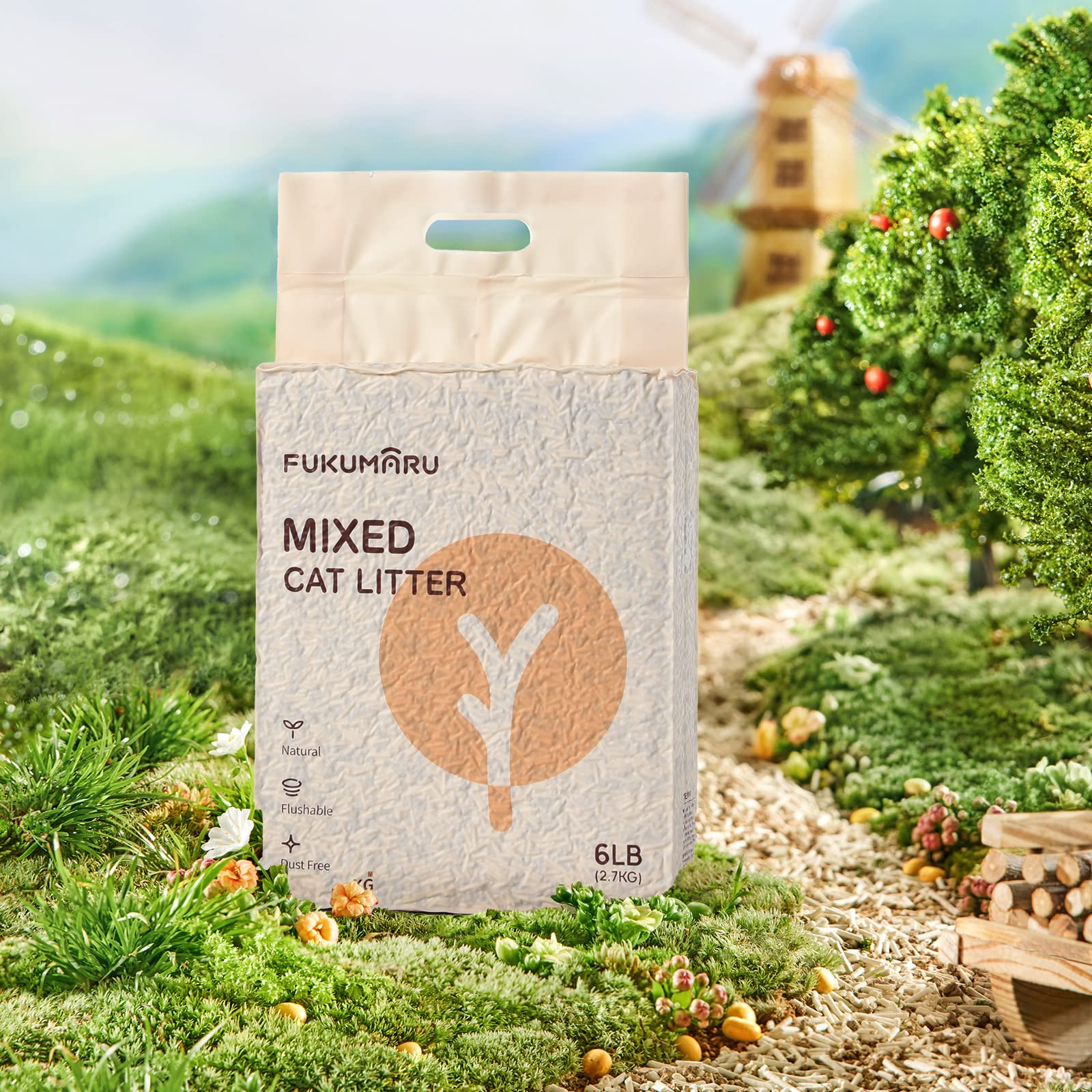 Fukumaru Tofu Cat Litter, 12 Lbs Clumping Cat Litter, Dust Free Unscented Flushable Tofu Litter, Natural, Lightweight And Low Tracking Cat Litter Pellets Mixed Apple Wood, 24/7 Odor Control