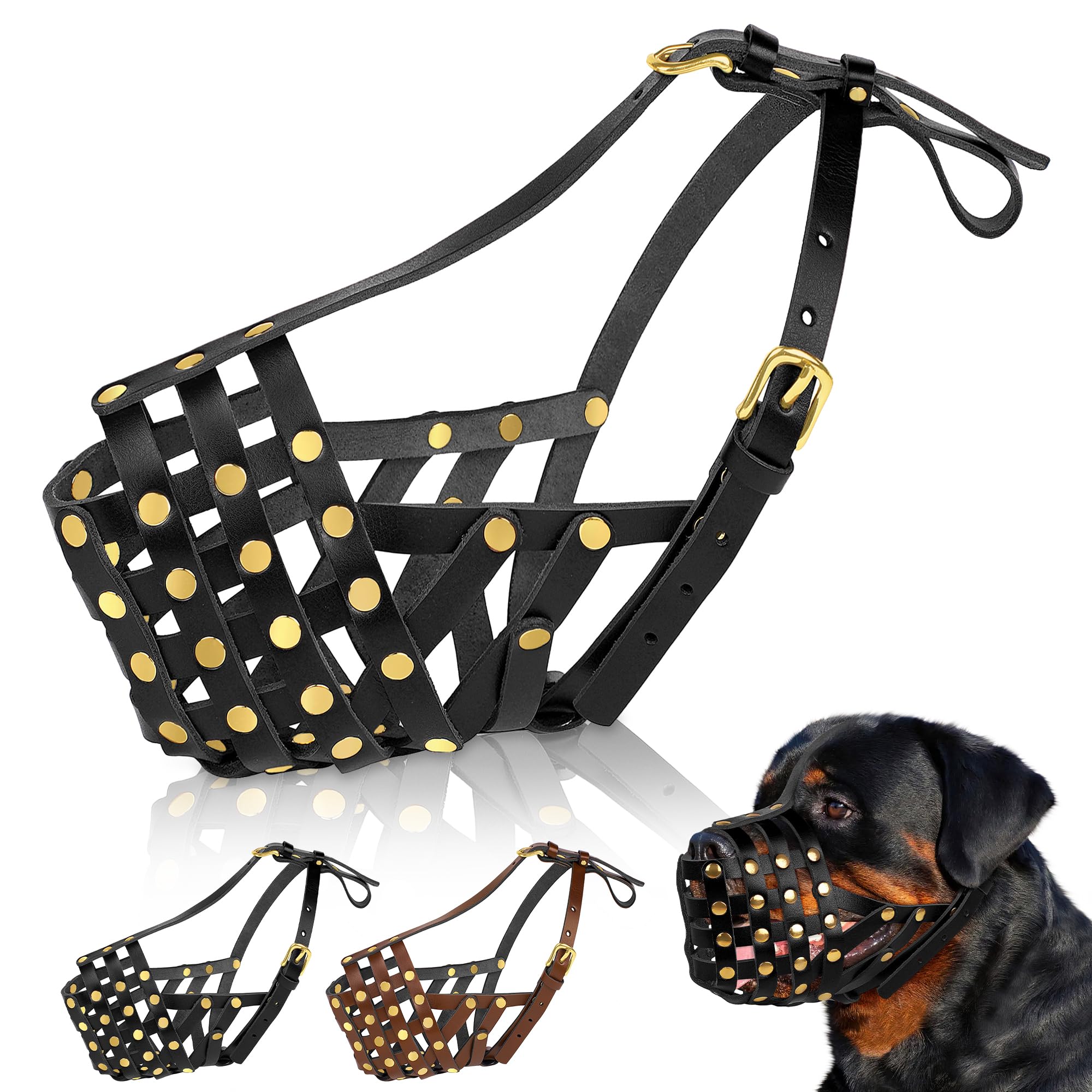 Oopsdoggy Rottweiler Dog Muzzle For Large Dogs - Leather Breathable Secure Basket Muzzle For Large Breeds Prevents Biting No Che