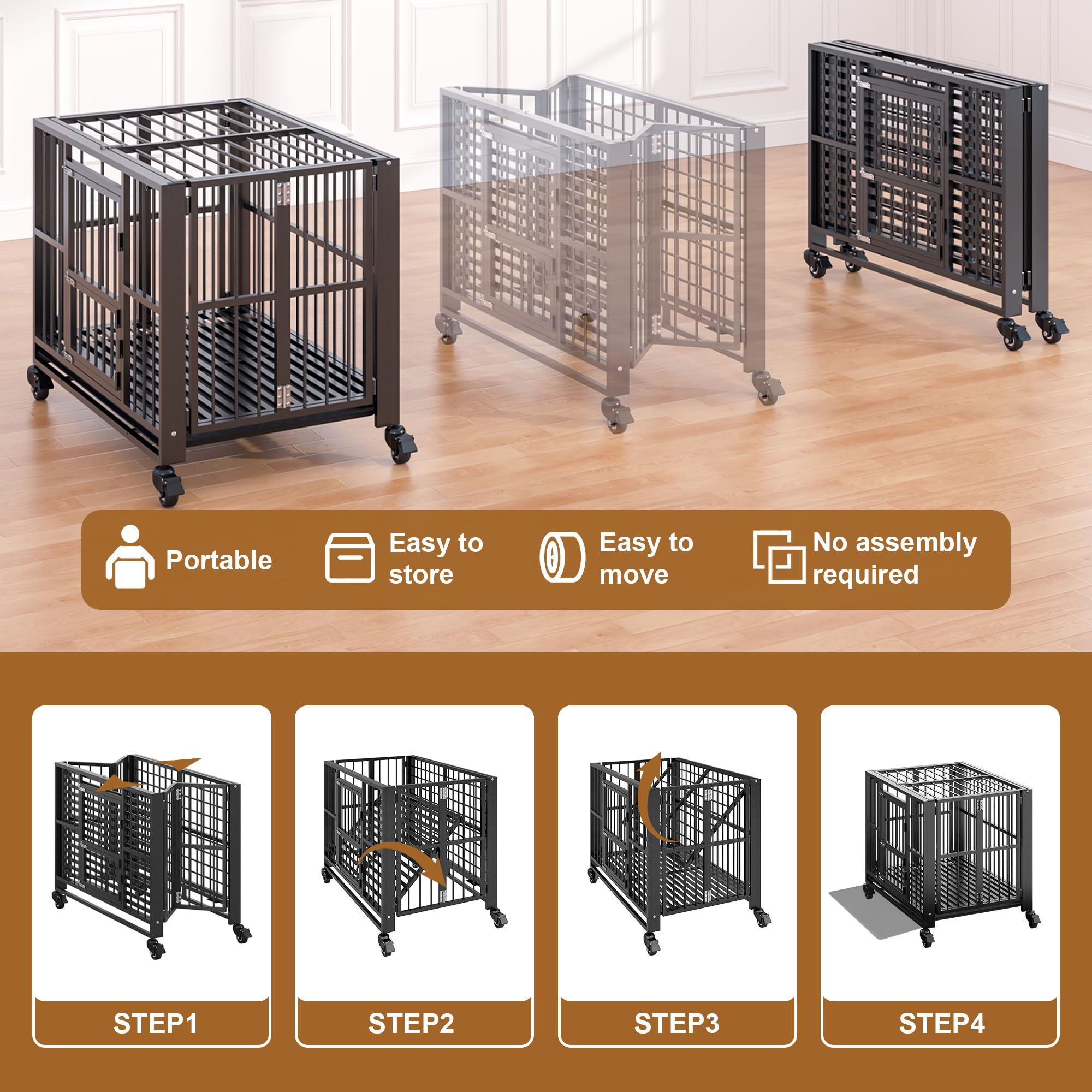 Polar Aurora Heavy Duty Dog Crate, Foldable Indestructible Dog Kennel, Escape Proof Extra Large Dog Cage With Lockable Wheels, H