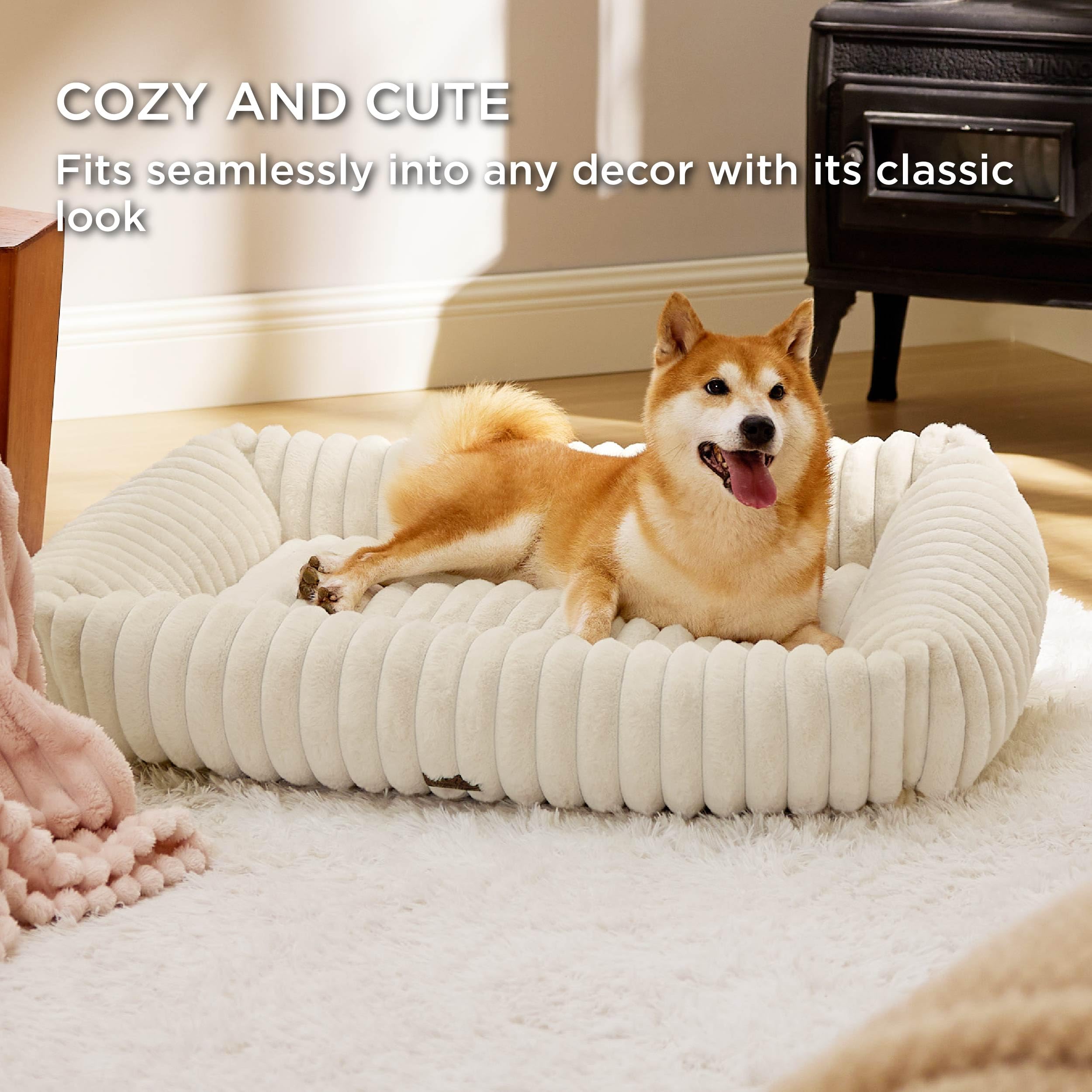Bedsure Cute Dog Beds Large Sized Dog - Washable Furry Pet Beds, Rectangle Orthopedic Corduroy Fleece Puppy Beds With Removable
