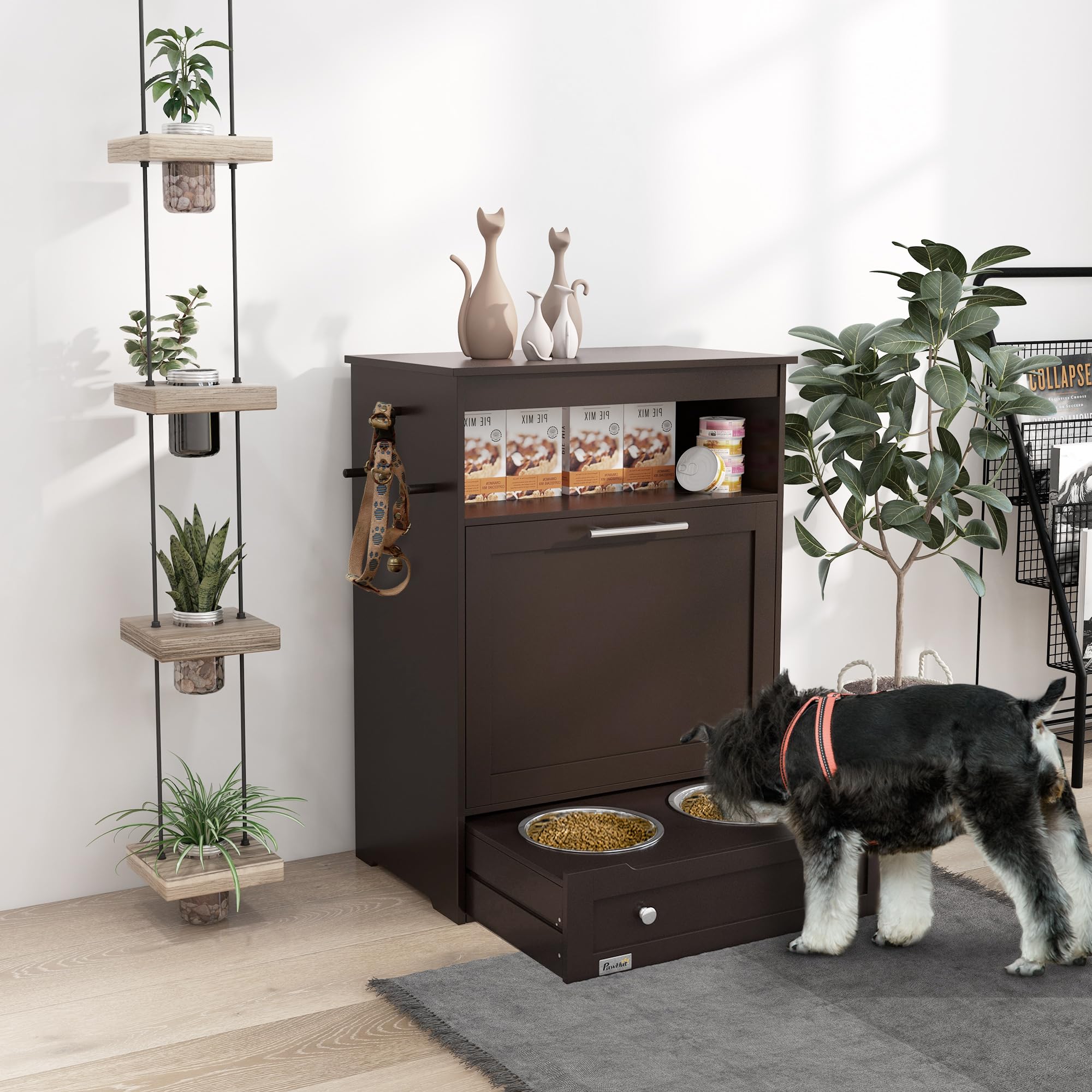 PawHut Pet Feeder Station Storage Cabinet, Dog Food Storage Container with Dog Raised Bowls and Hanger for Feeding & Watering Su