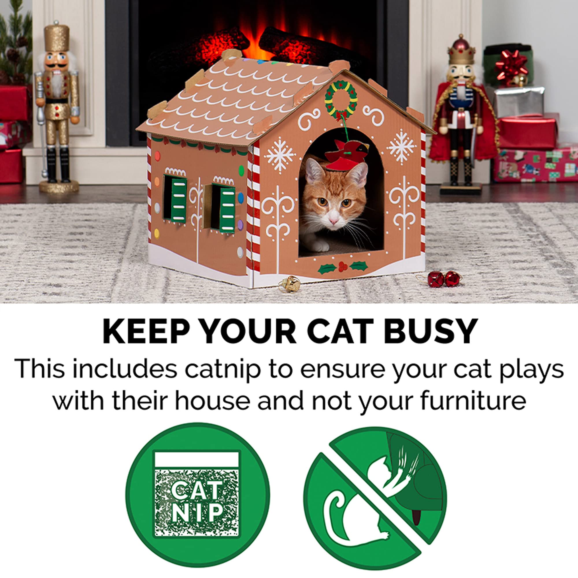 Furhaven Cardboard Cat House W/ Catnip For Indoor Cats, Ft. Scratching Pad & Hanging Toys - Decorated Gingerbread House Holiday