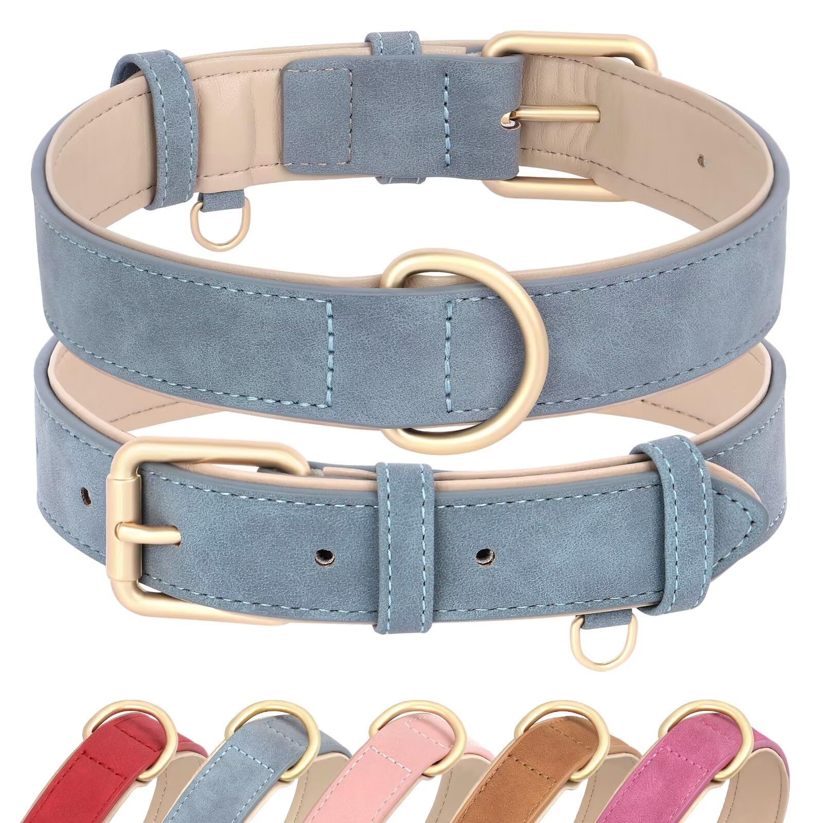 Didog Soft Padded Leather Dog Collar, Adjustable Dog Collars For Medium Dogs With Heavy Duty Metal Buckle And D Ring,Blue,M