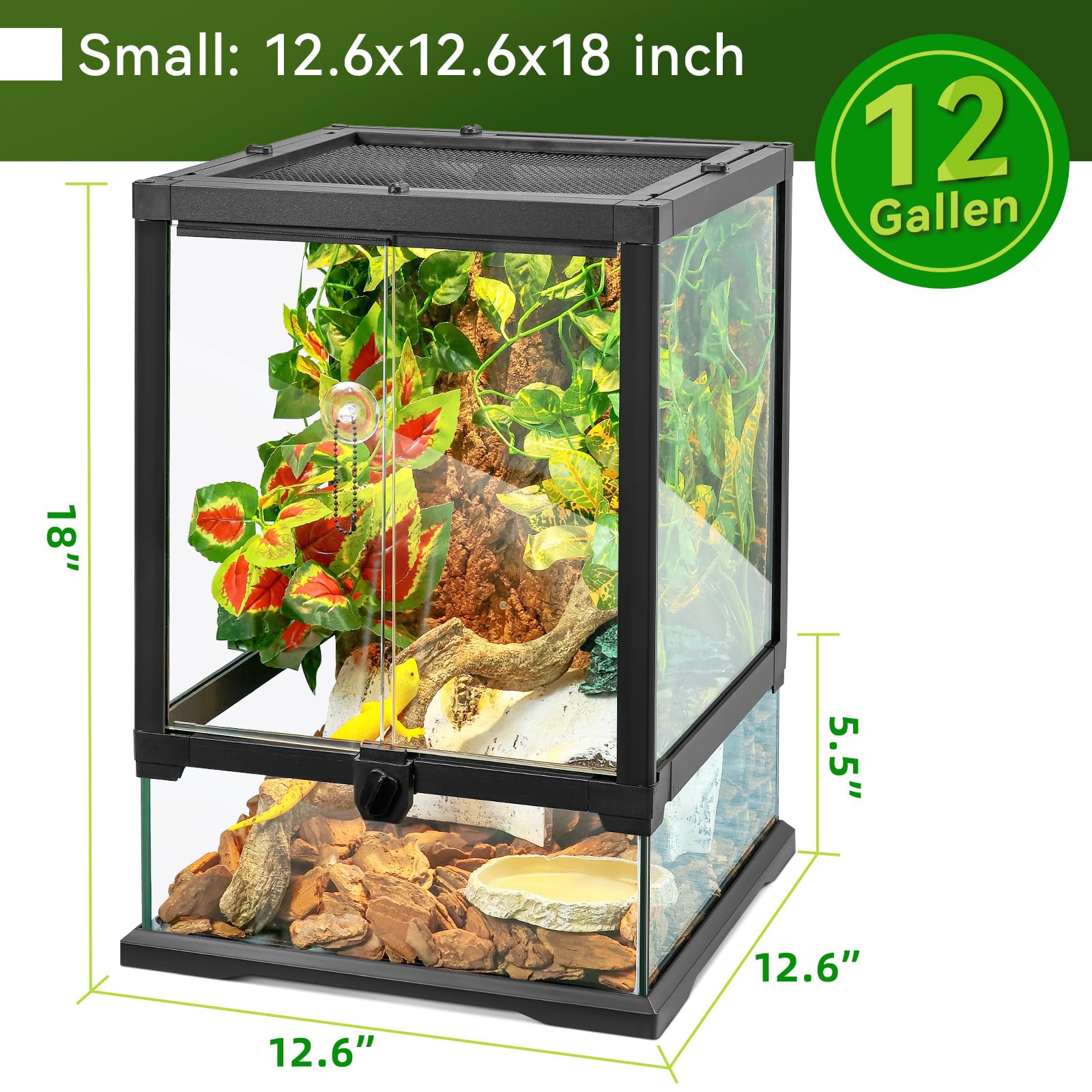 Glass Reptile Tank Front Opening Terrarium Suitable For Leopard Geckos, Snakes, Tree Frogs, Chameleons,Watertight Base, Ventilat