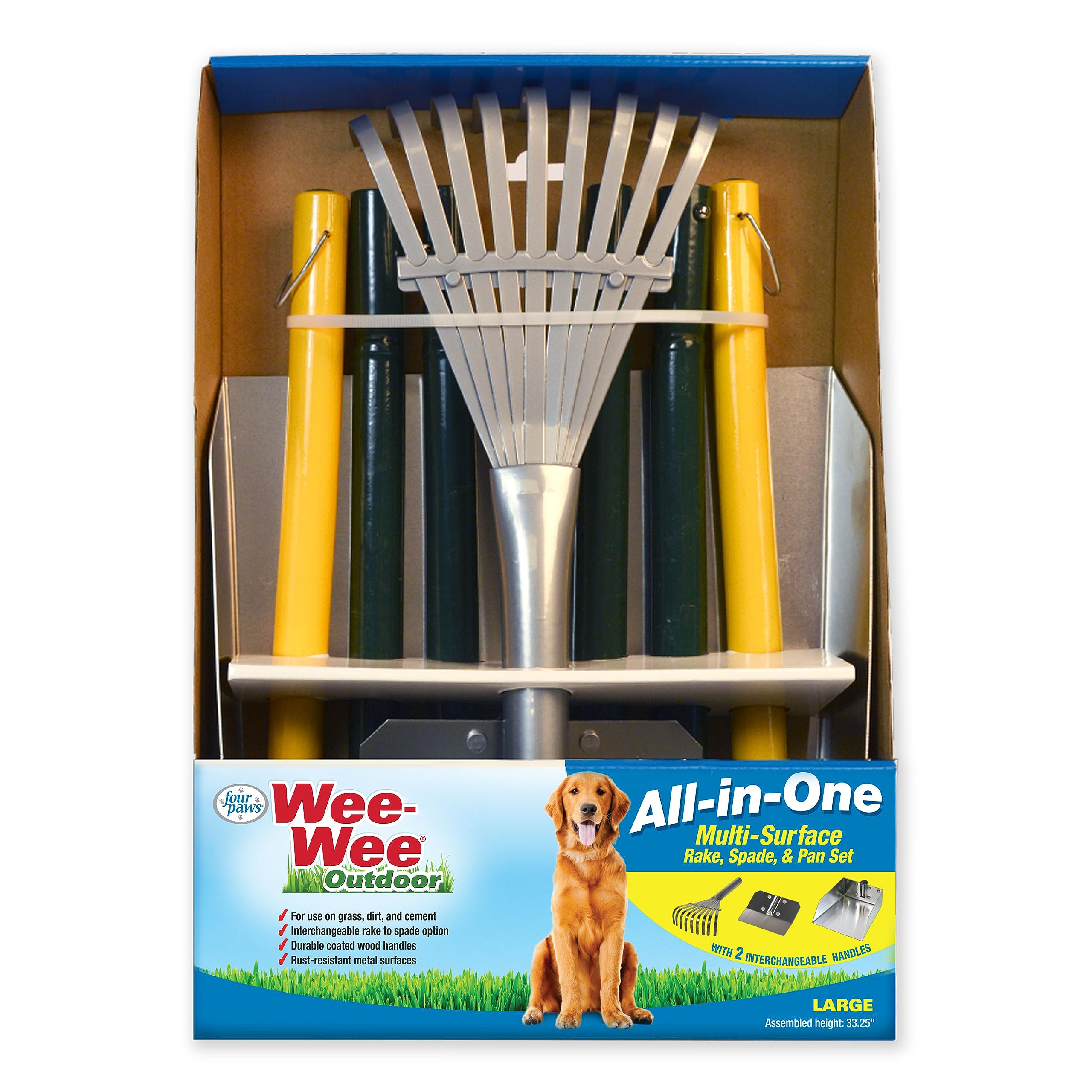 Four Paws Stainless Steel Long-Handled Dog Pooper Scooper Rake, Spade, & Pan 3 Piece Set, Pet Waste Pickup Tool, 38' X 10'