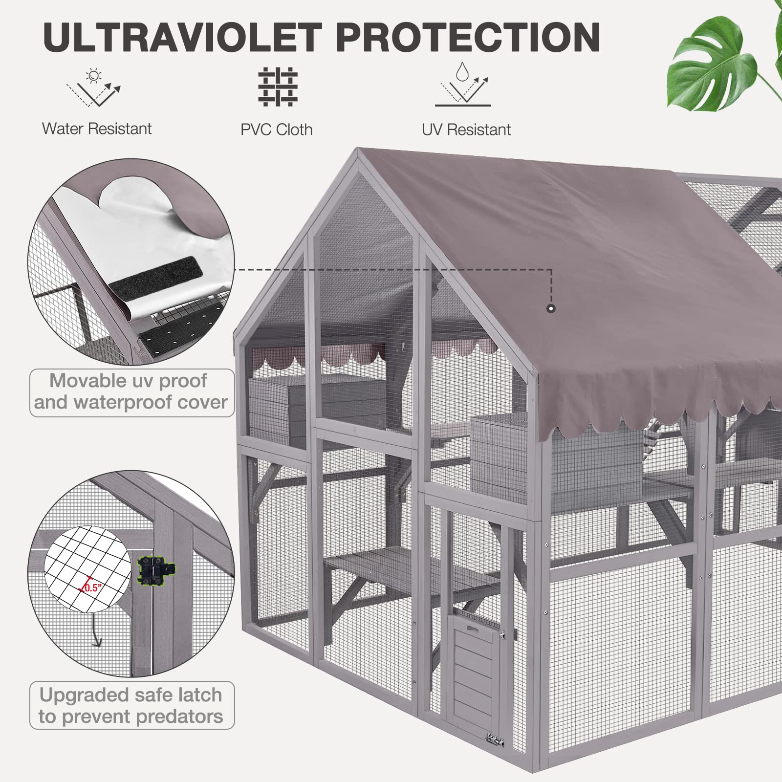 Medehoo Large Catio Outdoor Cat Enclosures Wooden Cat House With Sleeping Houses, Bridges, Walks, Uv Proof Cover 74'' H 110'' L