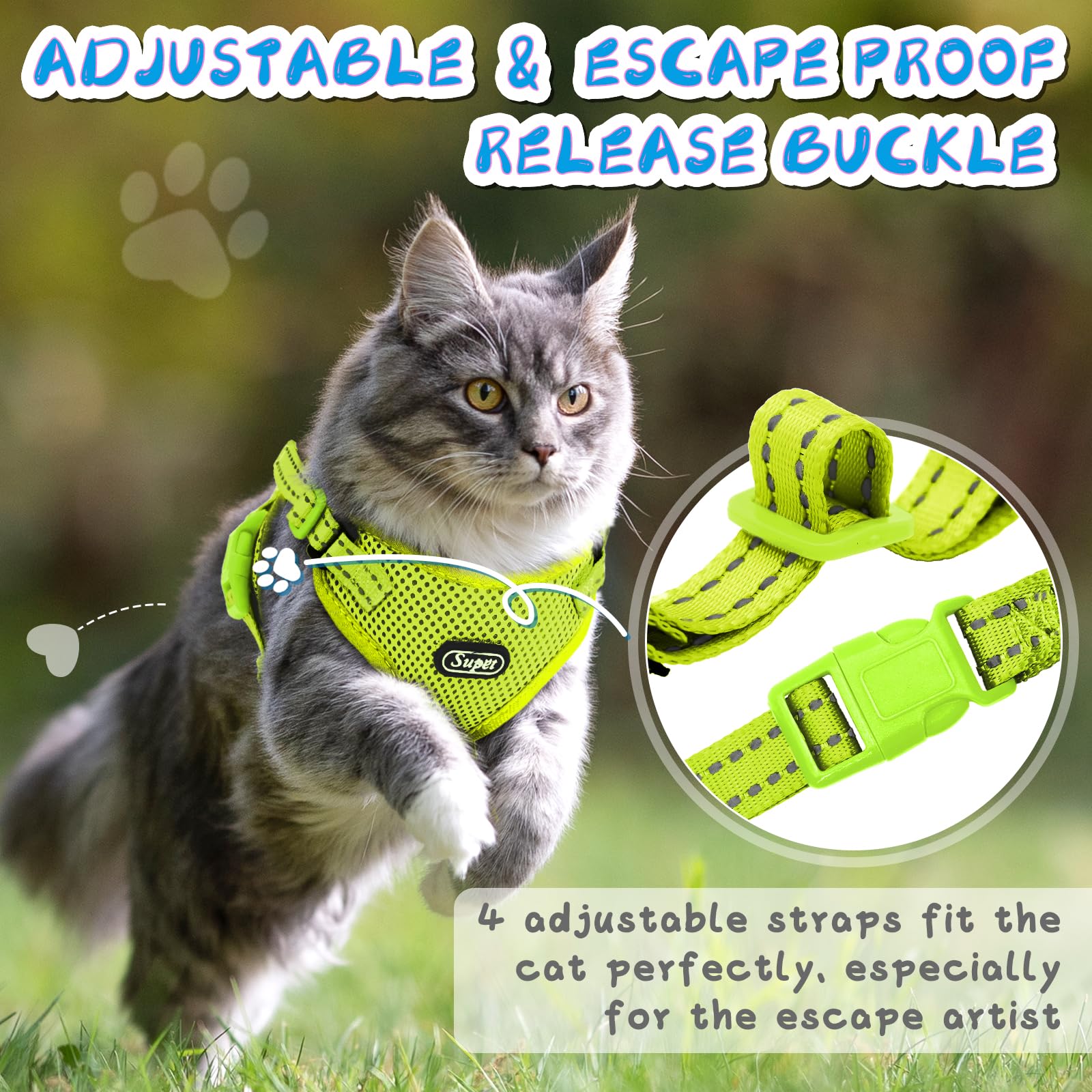 Supet Cat Harness And Leash Set For Small To Large Cats Adjustable Cat Vest Harness With Reflective Trim Universal Cat Leash And