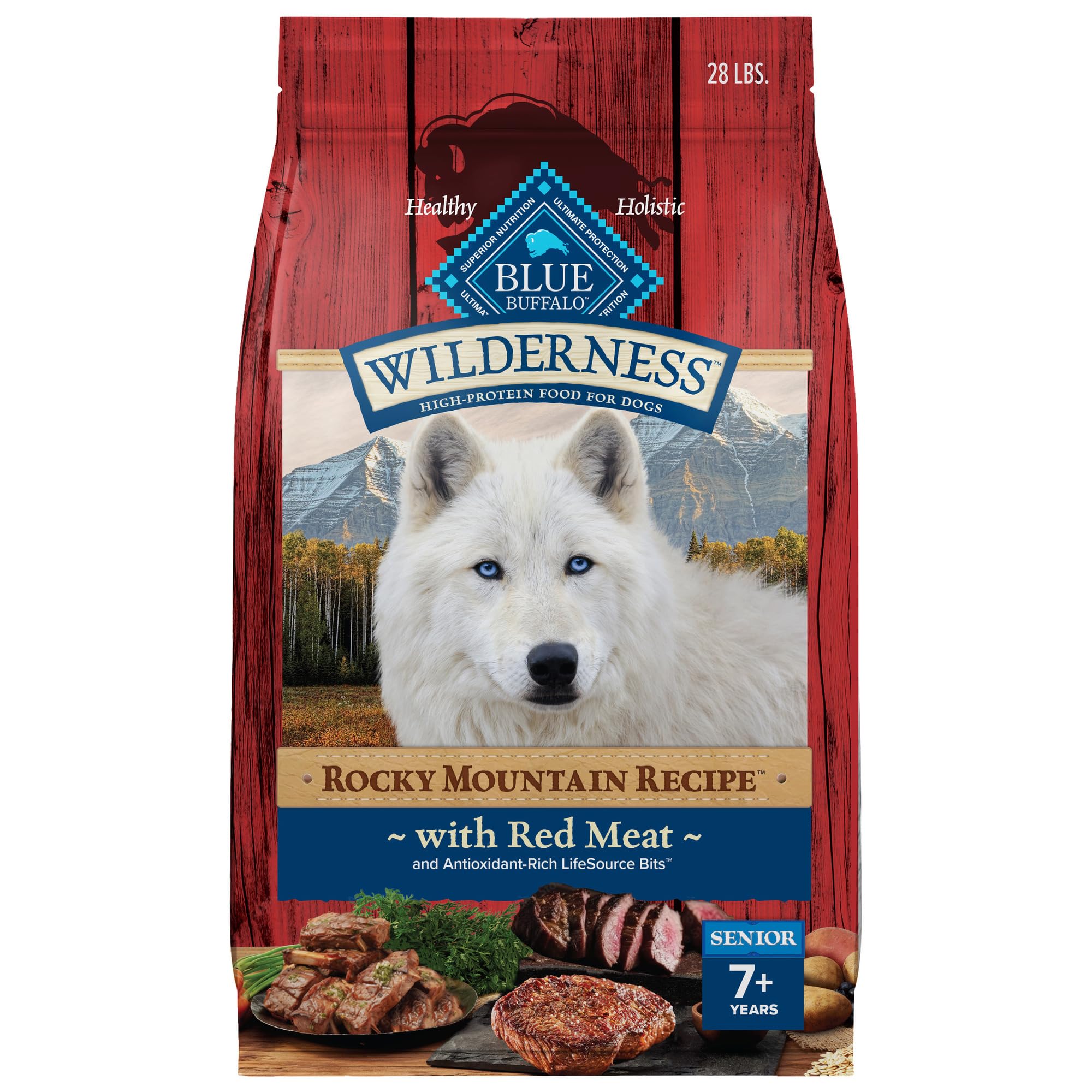 Blue Buffalo Wilderness Rocky Mountain Recipe High Protein, Natural Senior Dry Dog Food, Red Meat with Grain 28 lb Bag