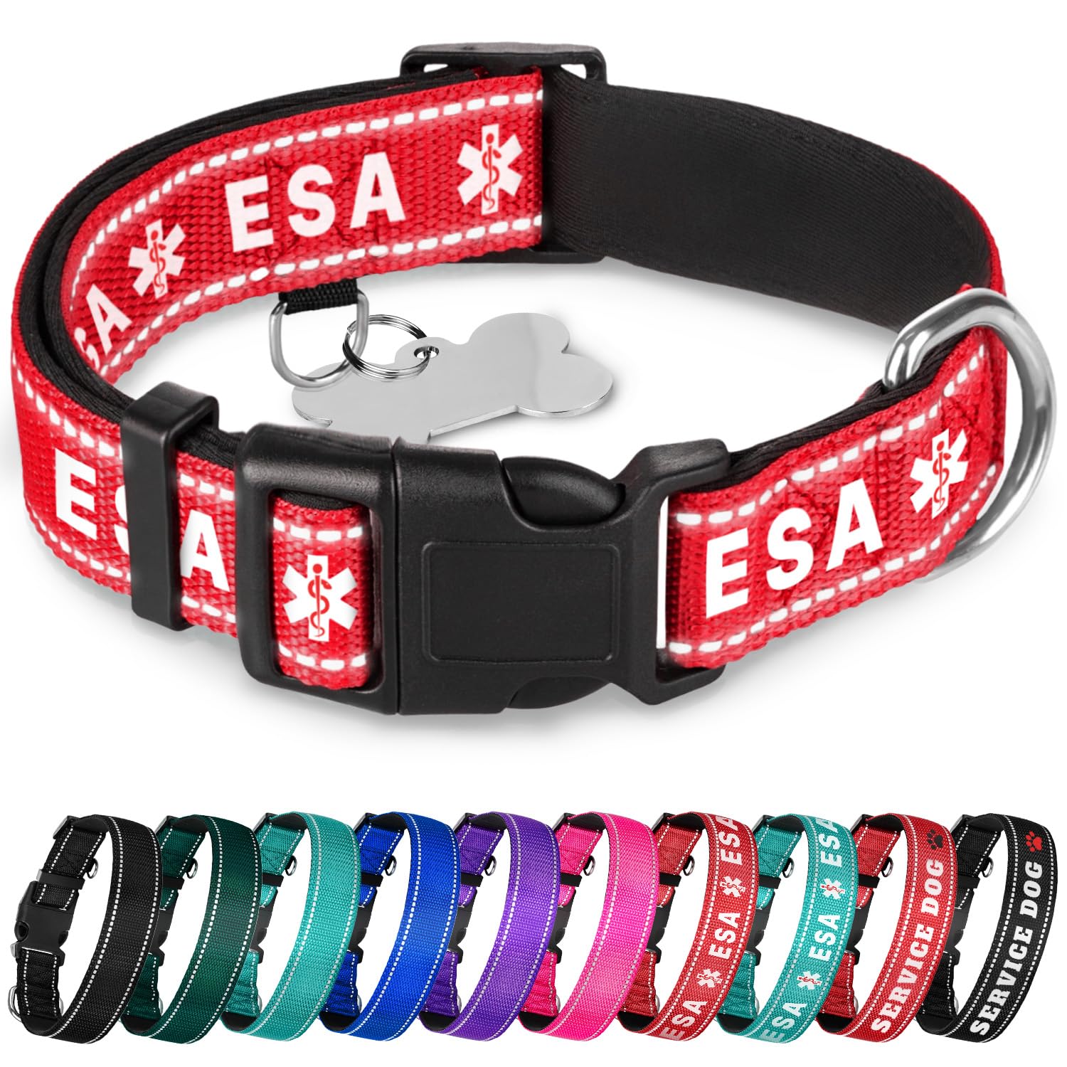 Teceum Reflective Pet Collar - Red - Esa - L - Extra Soft Padding - Basic Nylon Dog Collar - Quick Release Buckle - Fits Small, 