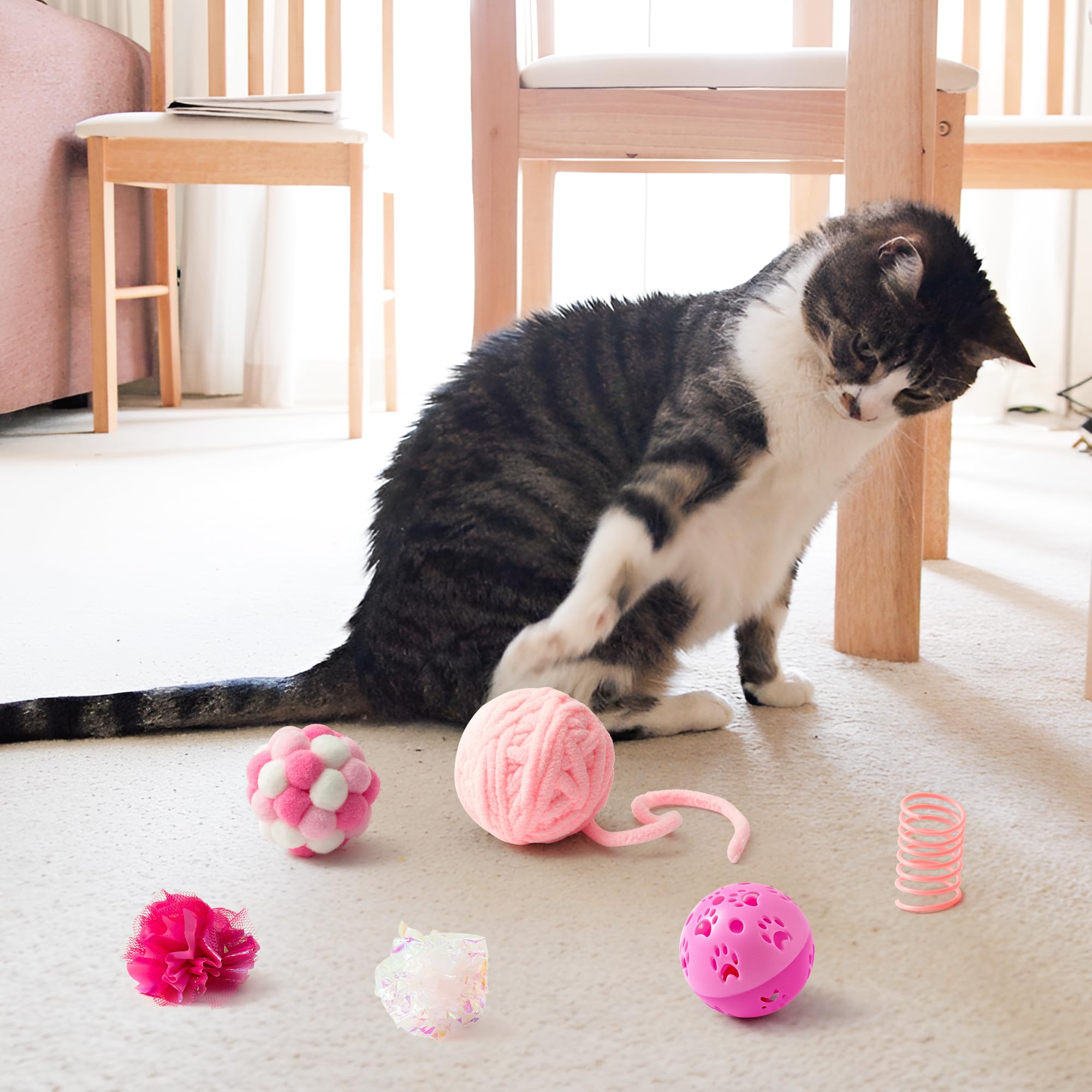 Mallmall6 10Pcs Cat Toy Set Interactive Cat Toys Pack Including Feather Teaser Wand Cat Springs Mice Crinkle Balls And Pet Bell Balls, Puzzle Toys For Indoor Cats Gift (Pink)
