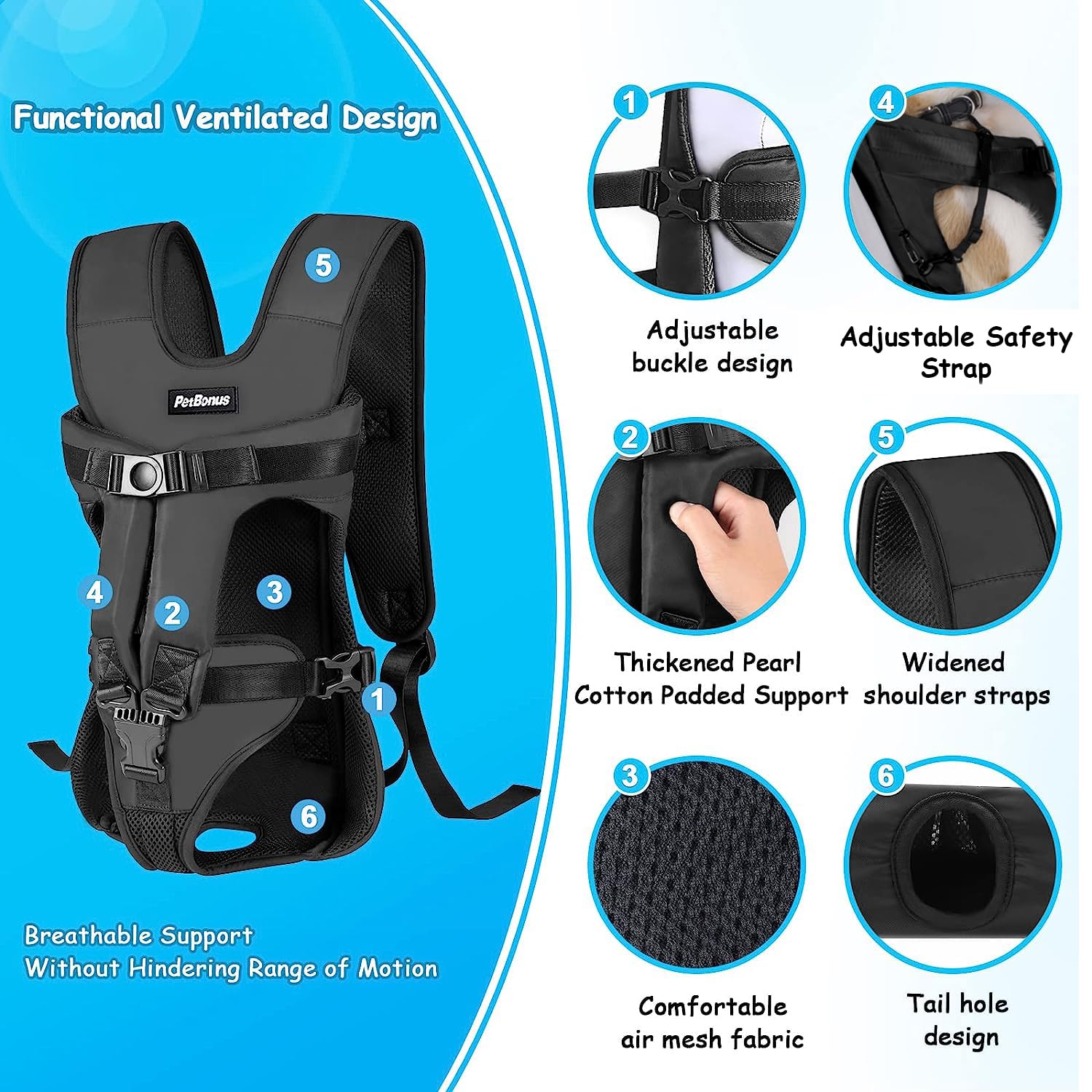 Petbonus Pet Front Dog Carrier Backpacks, Adjustable Dog Backpack Carrier, Legs Out Easy-Fit Dog Chest Carrier For Medium Small Dogs, Hands Free Dog Front Carrier For Hiking, Cycling (Black, L)
