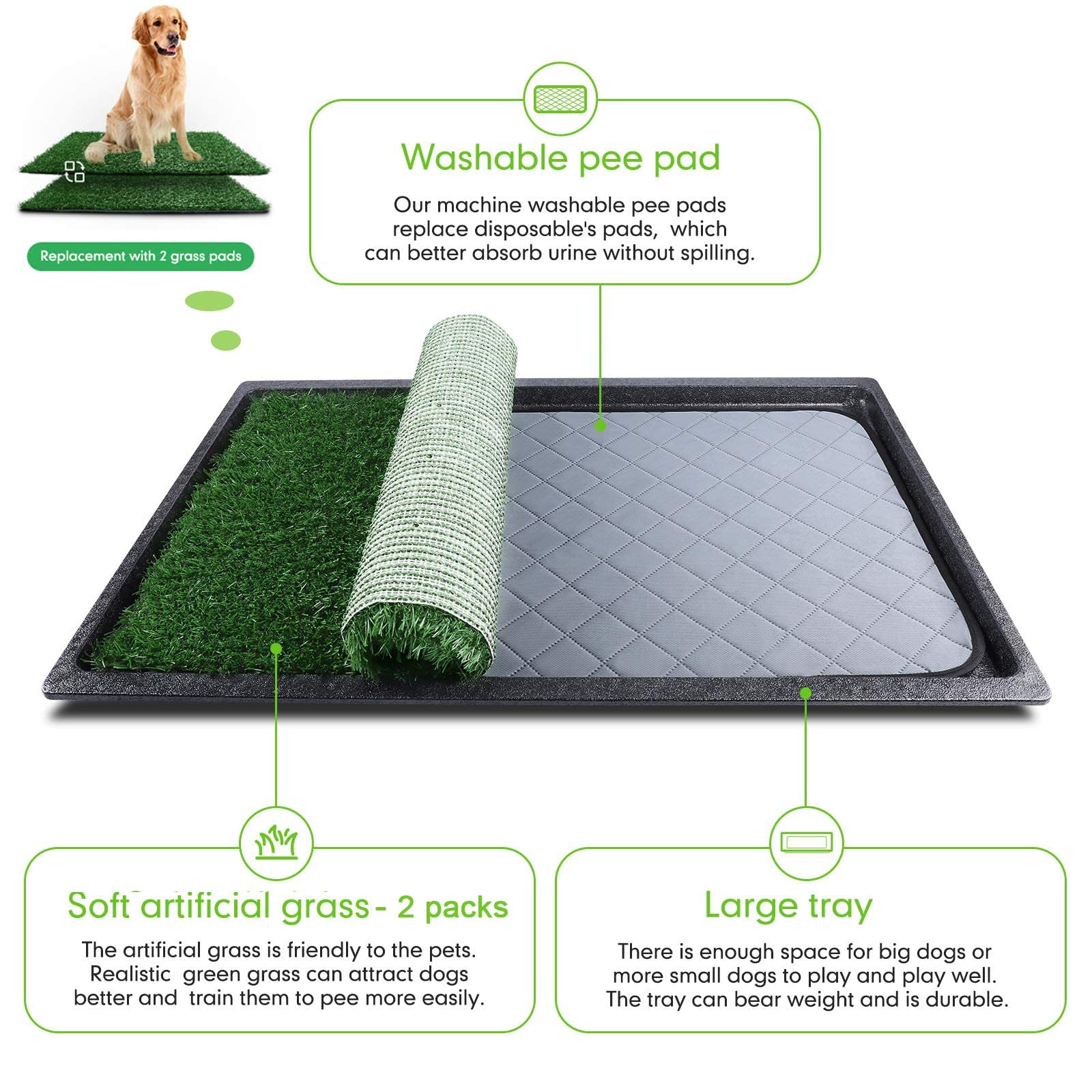 TSIANHUZY Dog Grass Pad with Tray, XX-Large 35 x 23.2, Washable Pet Toilet Mat, 2 Packs Artificial Grass for Indoor/Outdoor Use