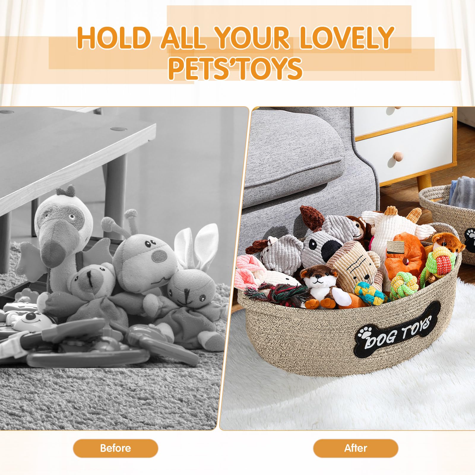 Teenyyou 2 Pcs Toy Basket Handwoven Cotton Rope Pet Toys Storage Cute Patch Design Chew Proof Toy Clothing Holder Organizer Box