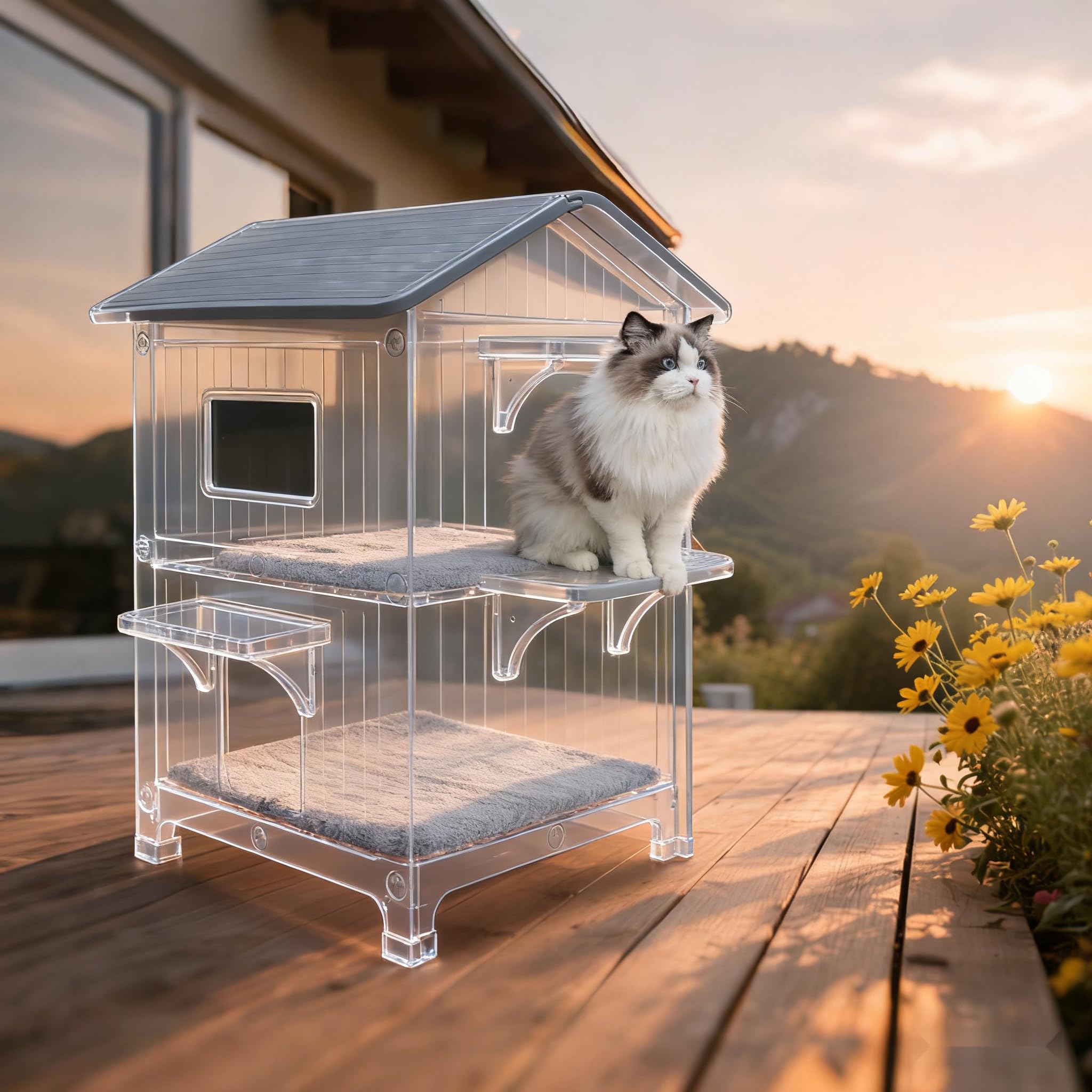Plastic Outdoor Cat House with Mat Weatherproof for Feral Multi Cat, 2 Story Insulated Elevated Cat Shelter with Escape Door, Ea