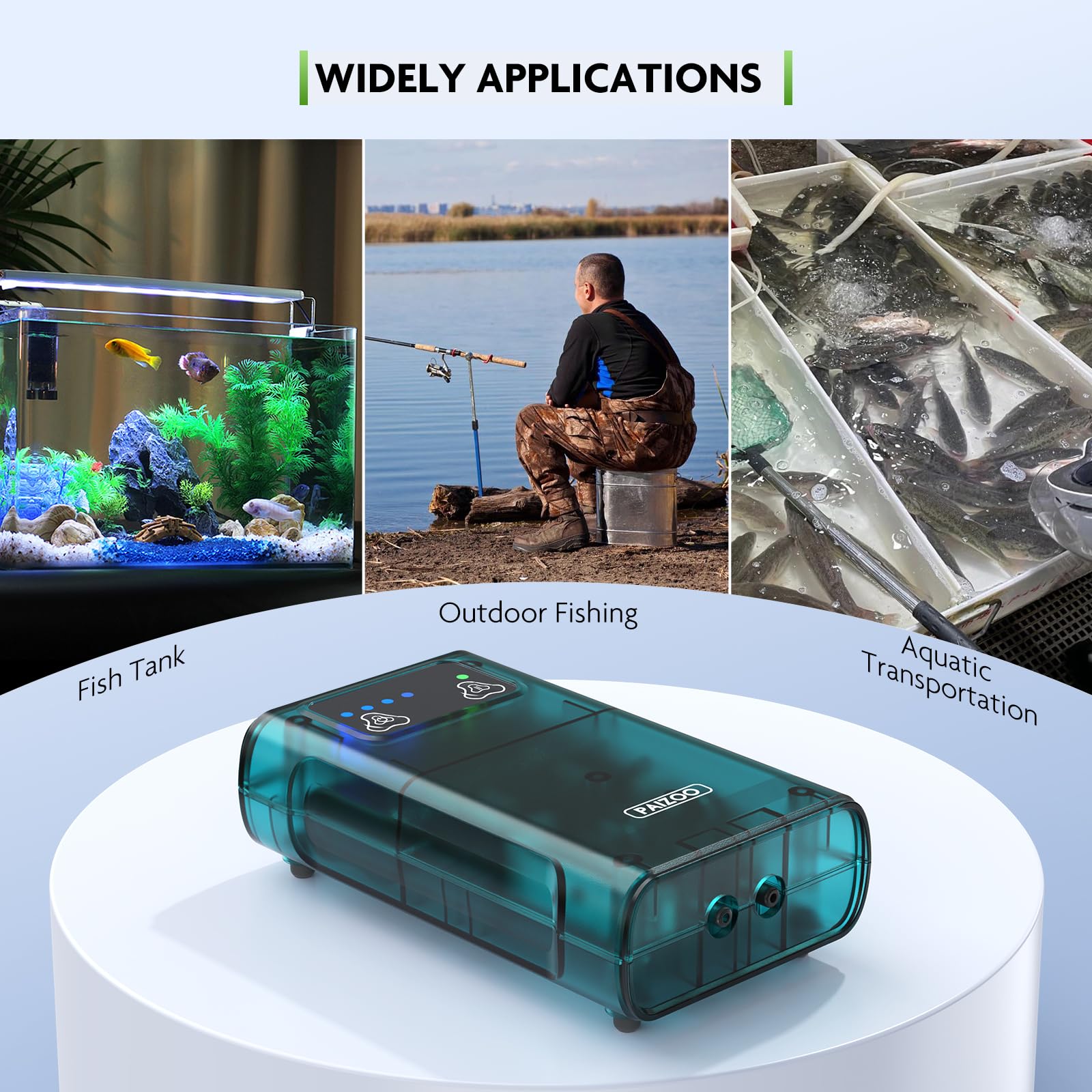 PAIZOO Aquarium Air Pump, Fish Tank Aerator Dual Outlets Battery Powered, Quiet Rechargeable Oxygen Pump with Accessories for 5-