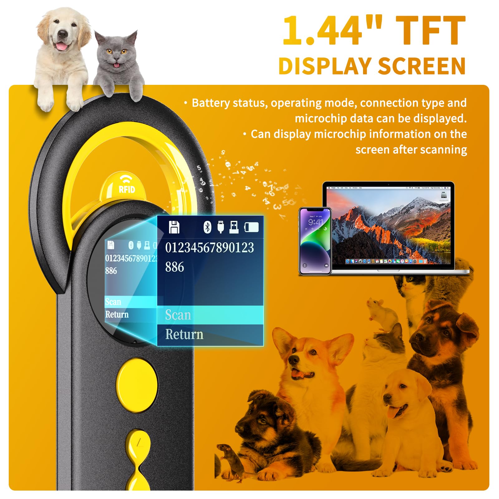 NETUM Bluetooth Pet Microchip Reader, 3-in-1 Wireless Animal Universal Microchip Tag Reader Scanner with 1.44 TFT Screen, 1200mA