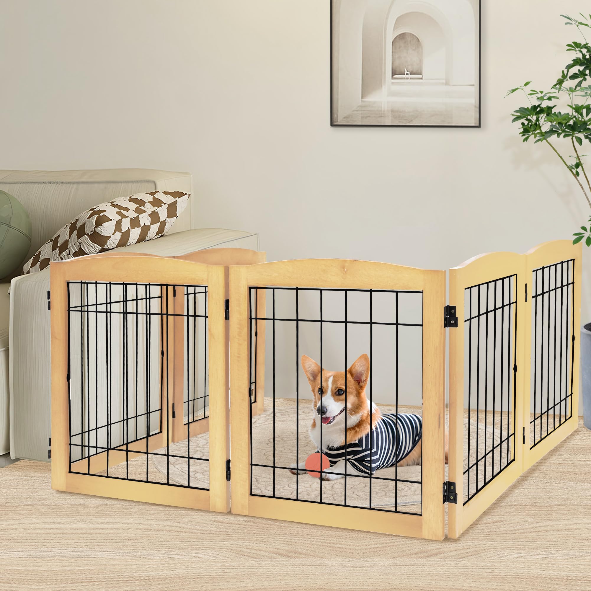 LZRS 6-Panel Extra-Wide Wooden Freestanding Dog Gate: Foldable Solid Wood and Steel Wire Chew Resistant Safety Barrier for Doorw