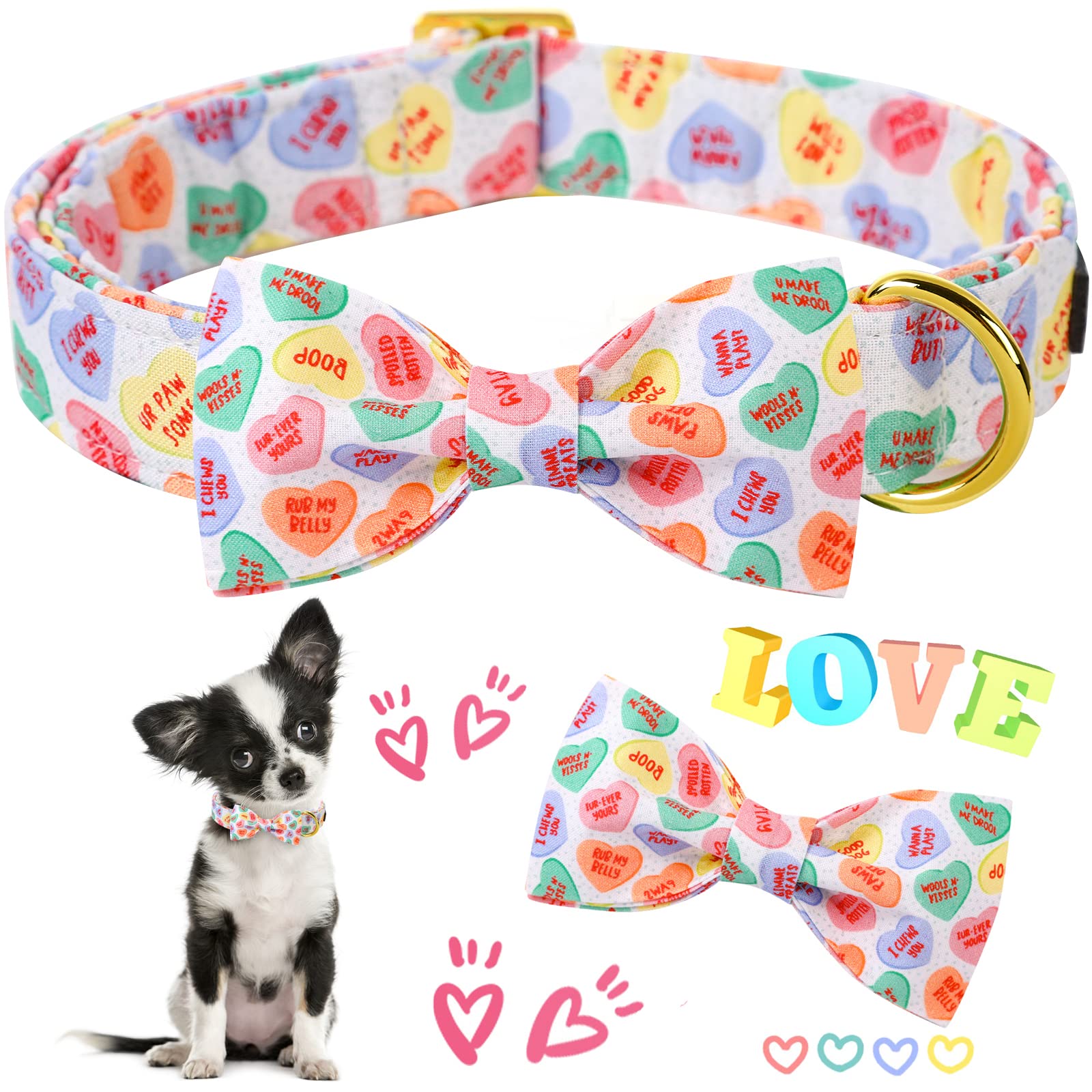ARING PET Valentine 's Day Cute Heart Dog Collar with Bow, Adjustable Bowtie Pet Collar with Metal Buckle