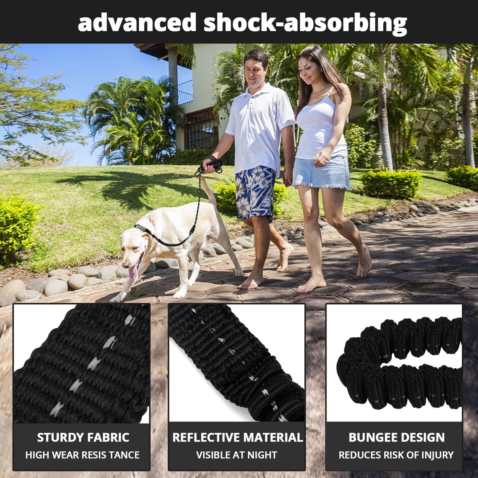 Rope Dog Leash 5 Ft: Heavy Duty Leashes With Swivel Lockable Hook Reflective Threads Bungee And Padded Handle - Dog Lead For Large Small Medium Dogs Outside Walking Hiking Black