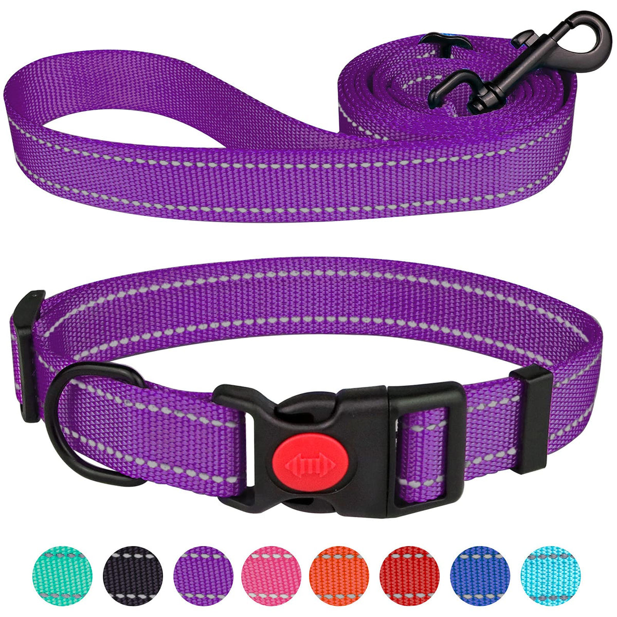 Reflective Dog Collar And Leash Set With Safety Locking Buckle Nylon Pet Collars Adjustable For Small Medium Large Dogs 4 Sizes(Purple&M)