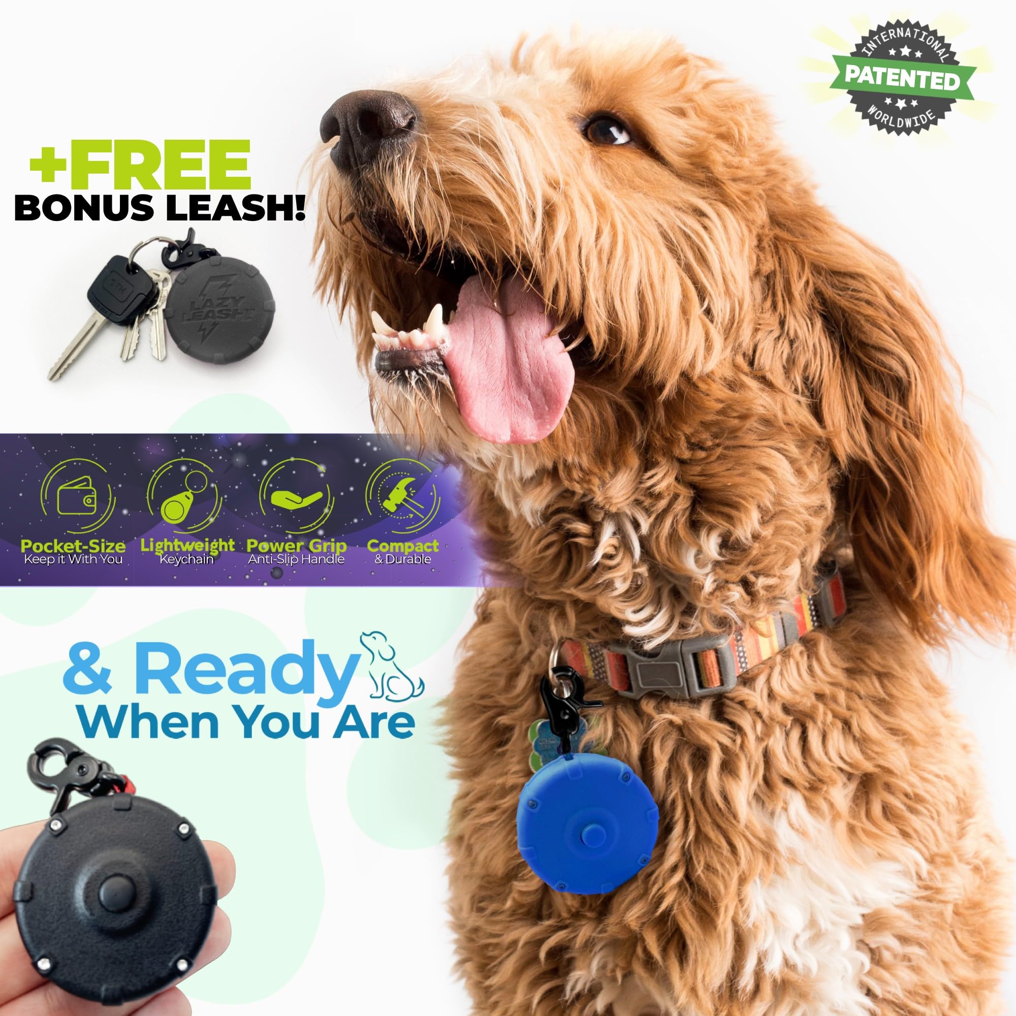 Galaxy Blue + Free Bonus Leash! Wearable Mini Adjustable Dog Leash For Hiking, Training & Adventure. Powerful Lightweight 36 R