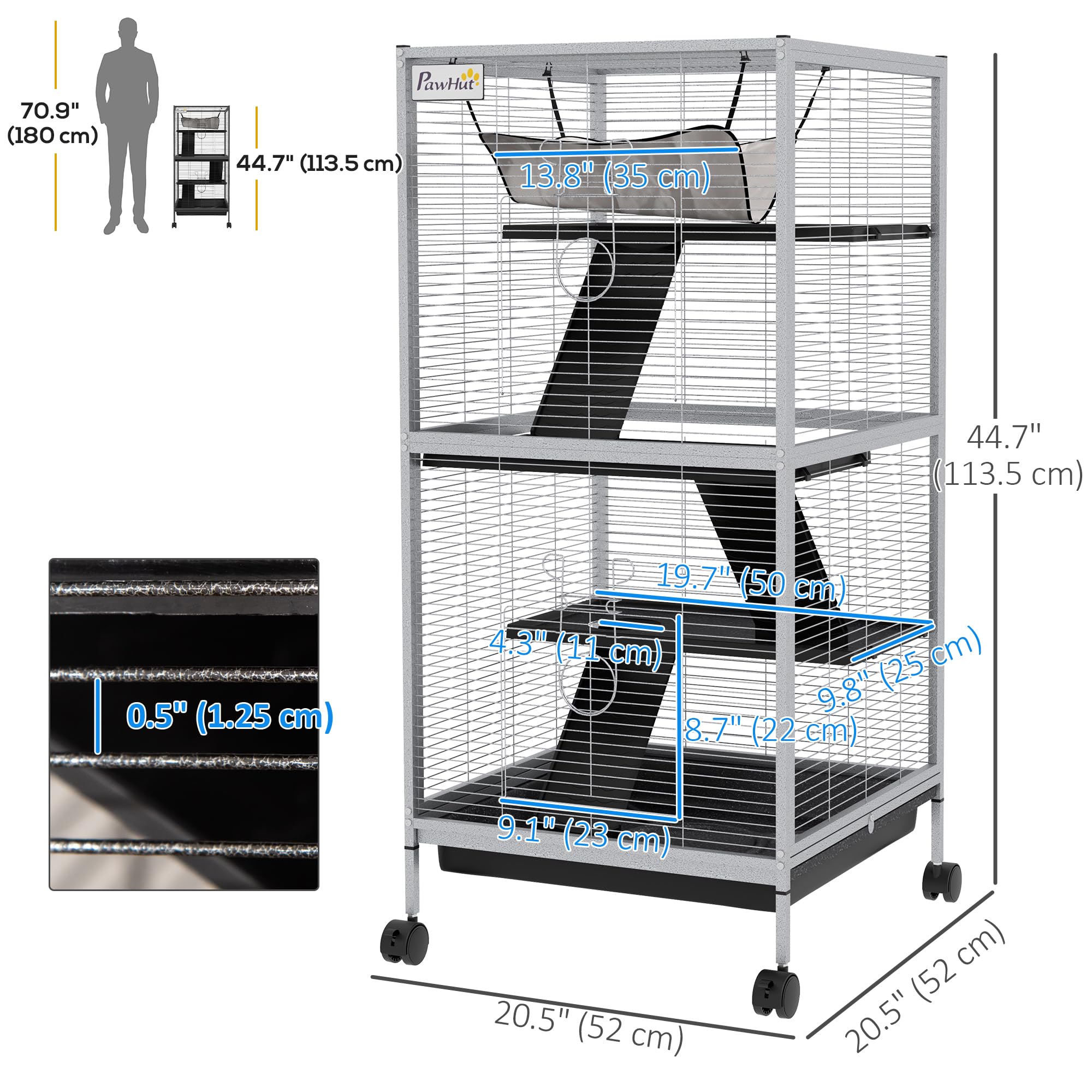 Pawhut Metal Small Animal Cage Rolling Big Ferret Cage, Chinchilla Cage, Sugar Glider Cage, With Hammock & 4 Tiers, Removable Tray, White