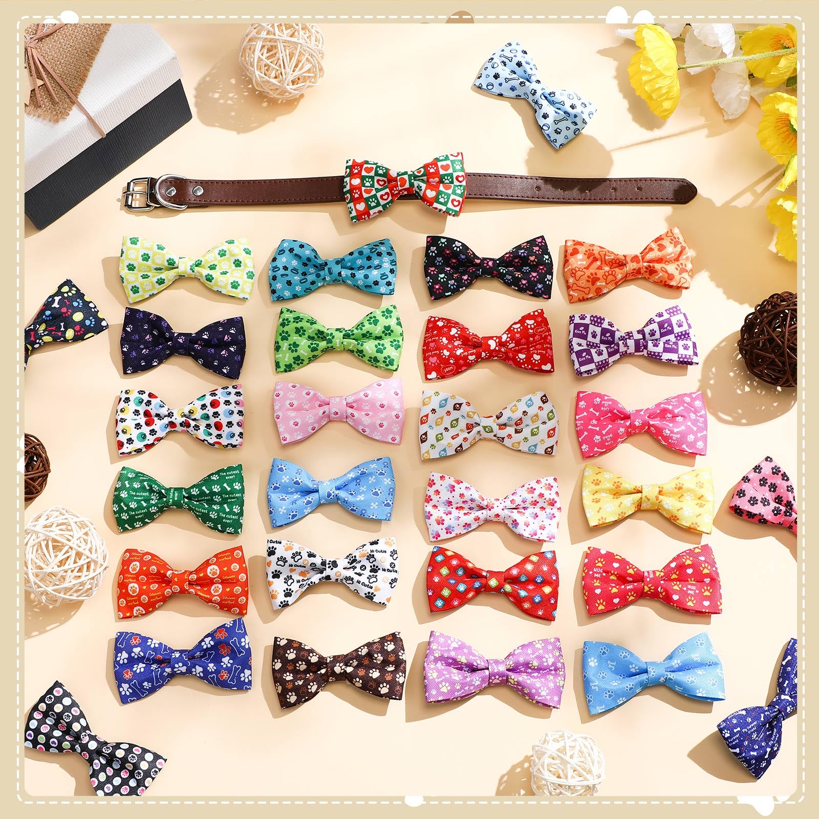 Cosblank 60 Pcs Paw Bone Print Dog Collar Bow Ties Bulk Dog Grooming Supplies Bowtie Accessories Puppy Bows Detachable Collar Ch