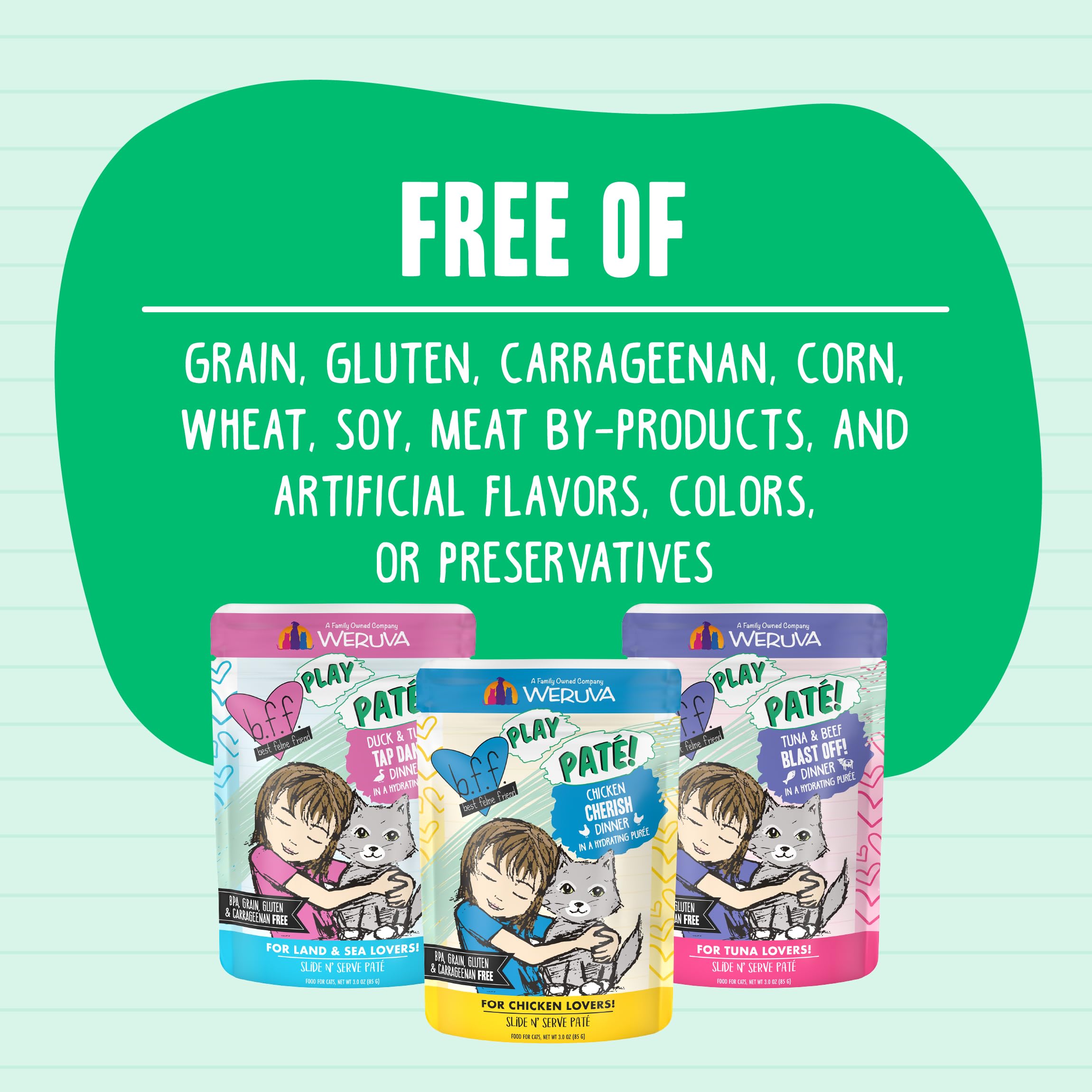 Weruva B.F.F. Play - Best Feline Friend Pat   Lovers, Aw Yeah!, Pat   Partay! Variety Pack, 3oz Pouch (Pack of 12)