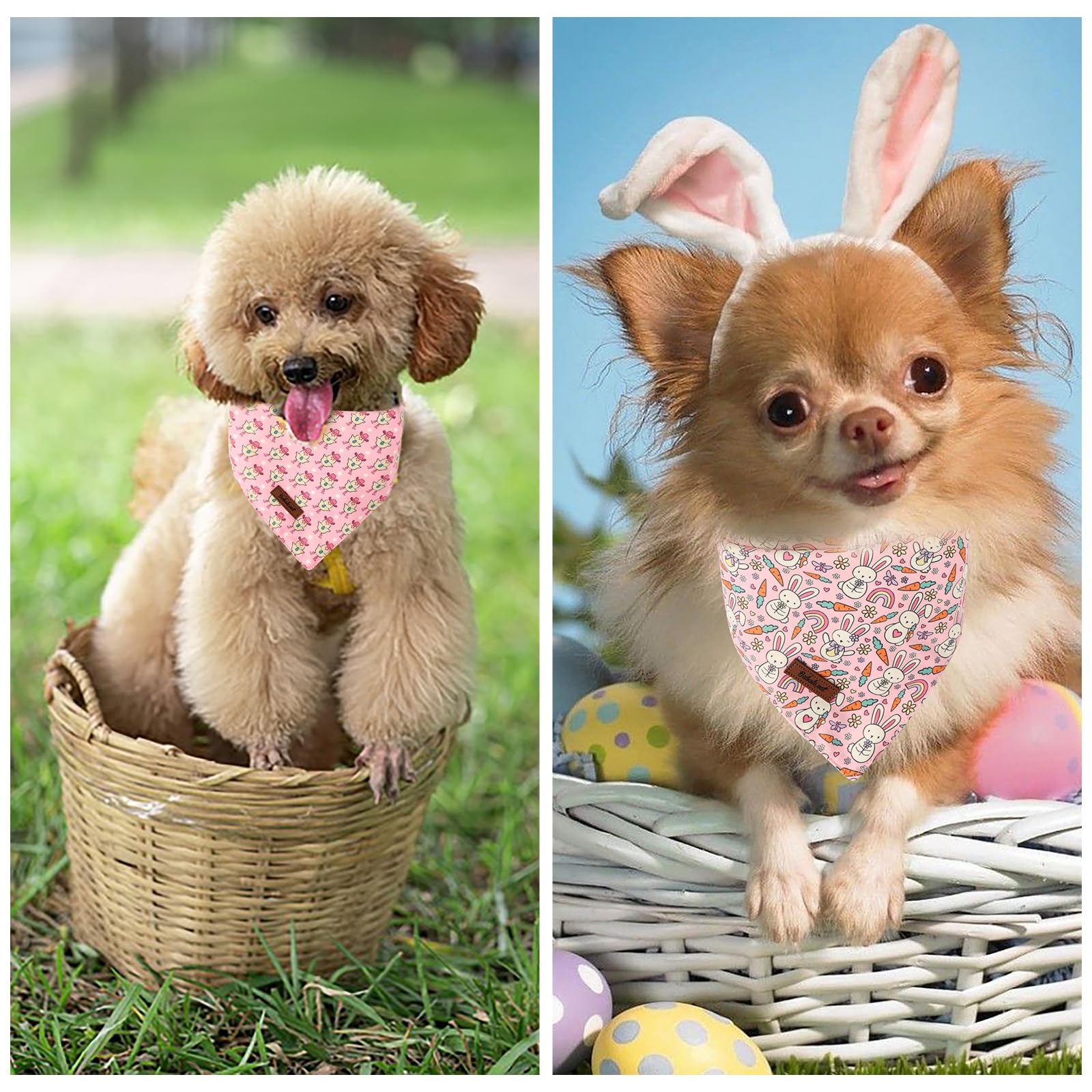 Babole Pet Easter Dog Bandanas 2 Pack, Pink Bunny & Chick Pattern Easter Dog Scarf Bib For Boy And Girl, Cute Holiday Bandana Fo